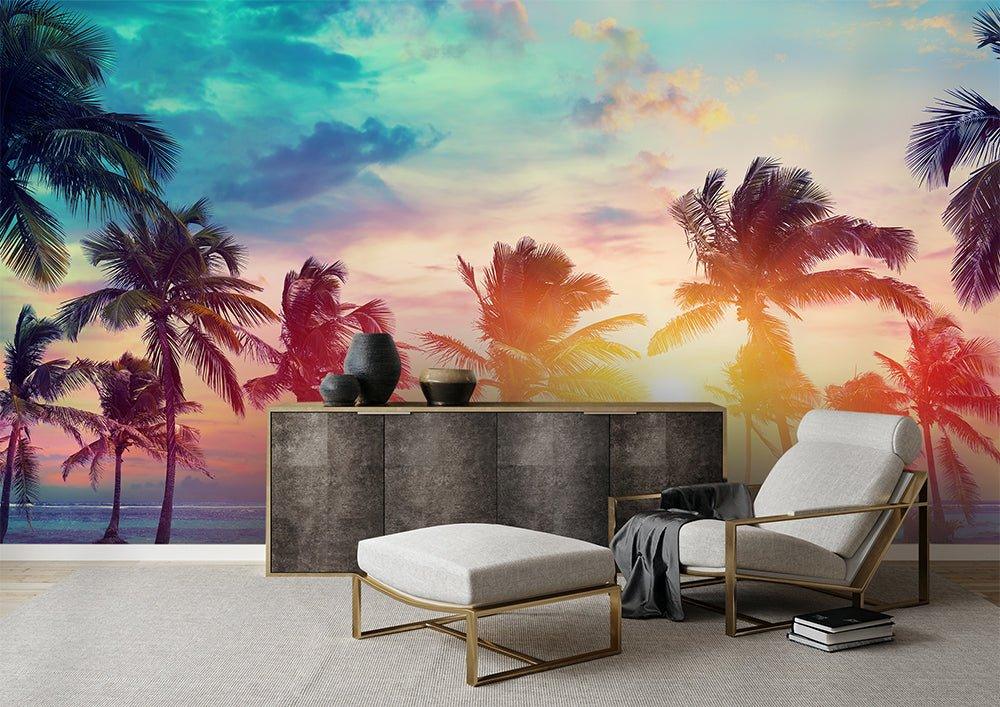 Tropical Island Wallpaper - Paradise Sunset Peel and Stick Wall Mural - Palm Trees Beach Surreal Sky BV183