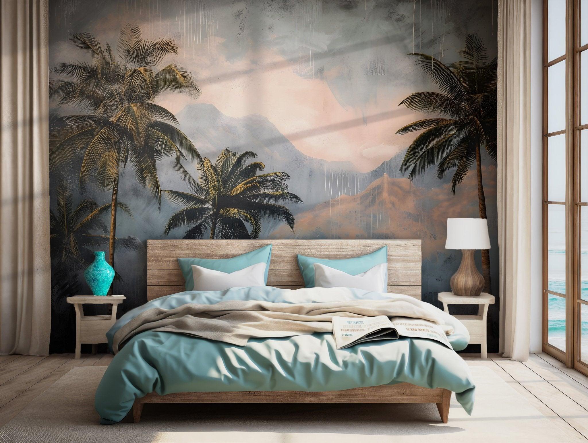 Tropical Island Wallpaper - Peel and Stick Wall Mural  - Palm Trees Beach Lush Jungle BV177