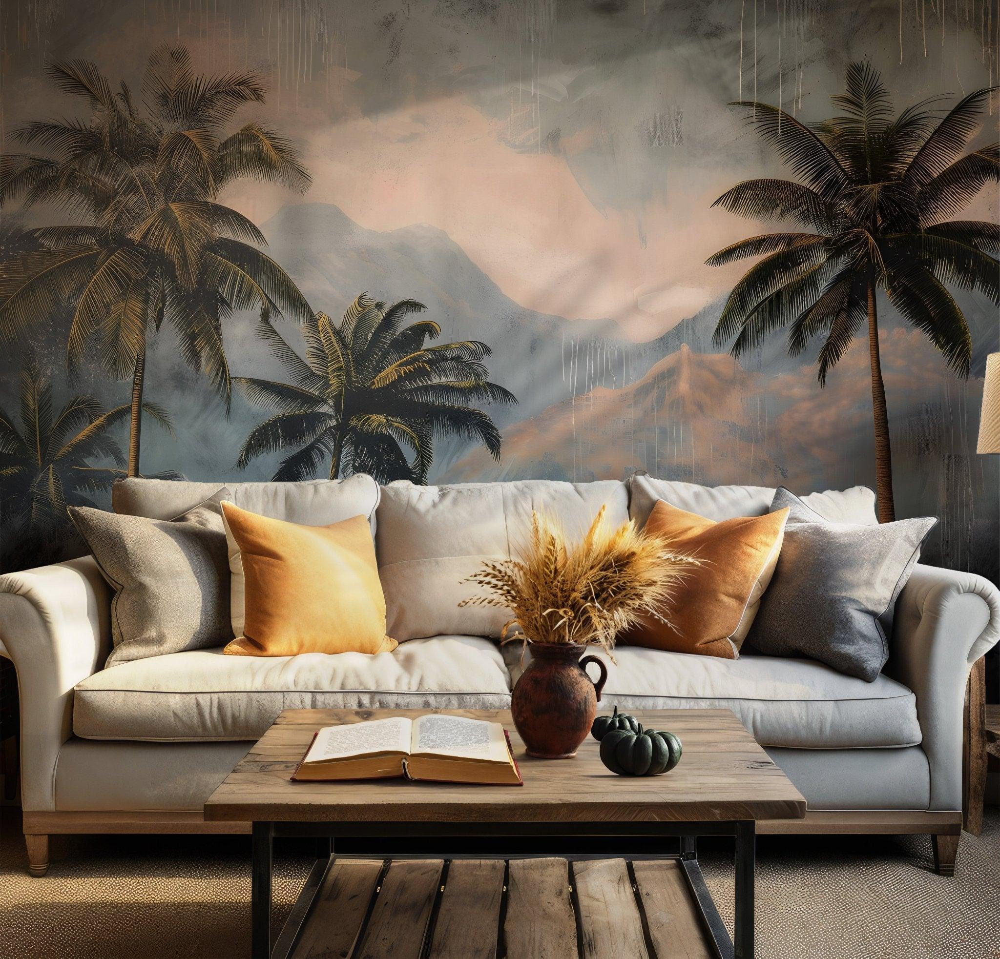 Tropical Island Wallpaper - Peel and Stick Wall Mural  - Palm Trees Beach Lush Jungle BV177