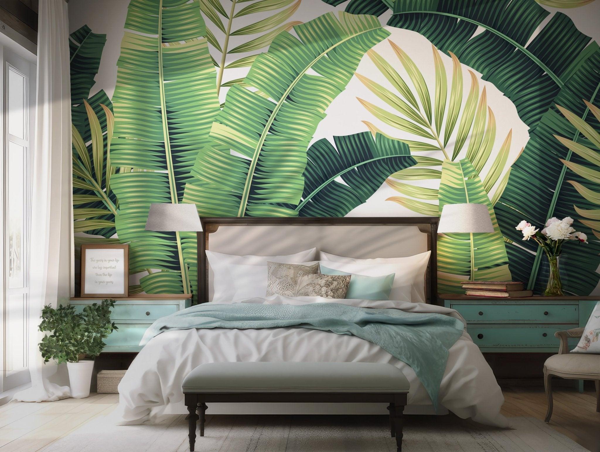 Tropical Palm Leaf Watercolor Wall Mural - Botanical Peel and Stick Wallpaper - Nature Inspired Self Adhesive Decal BV148