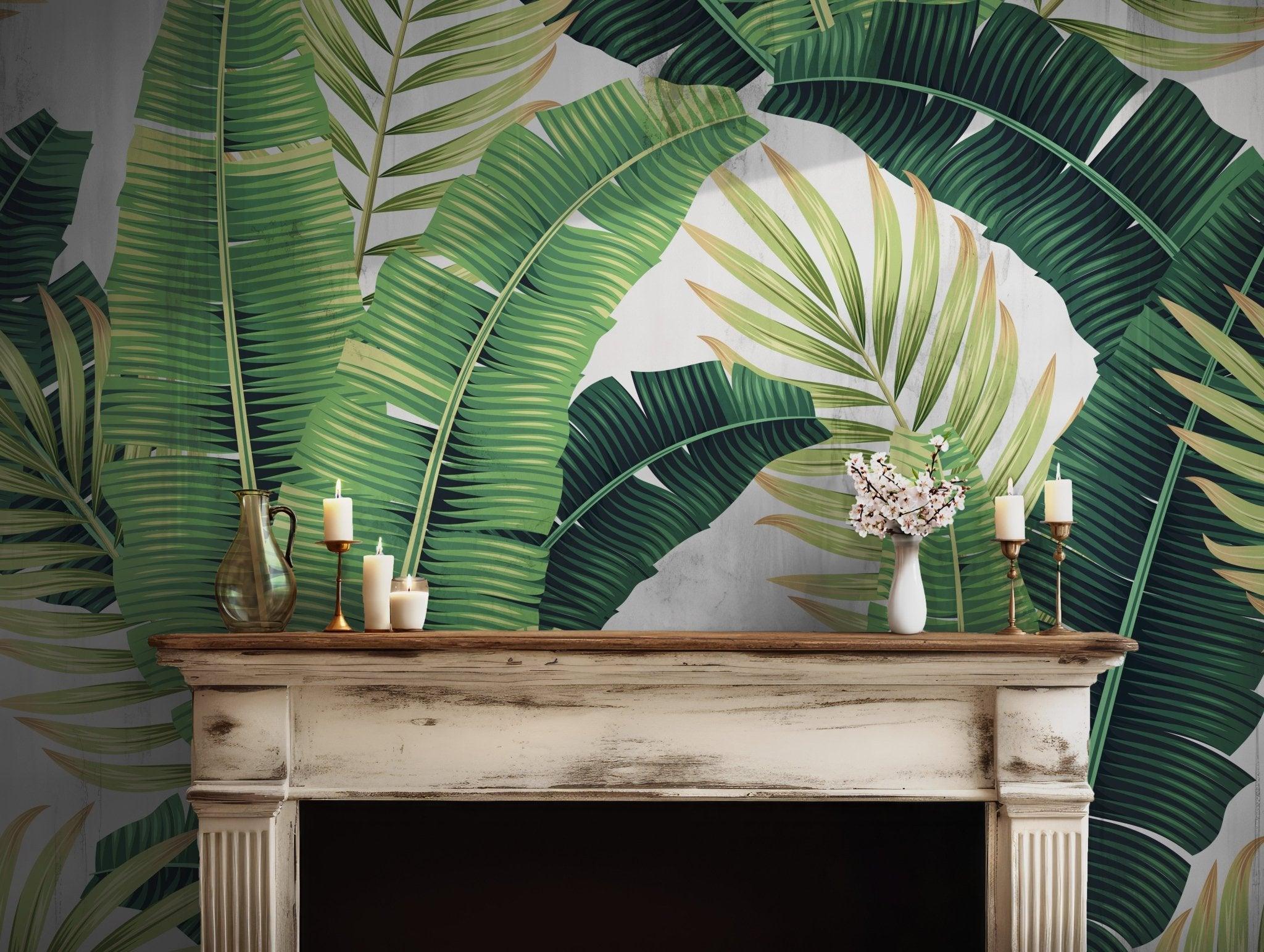 Tropical Palm Leaf Watercolor Wall Mural - Botanical Peel and Stick Wallpaper - Nature Inspired Self Adhesive Decal BV148