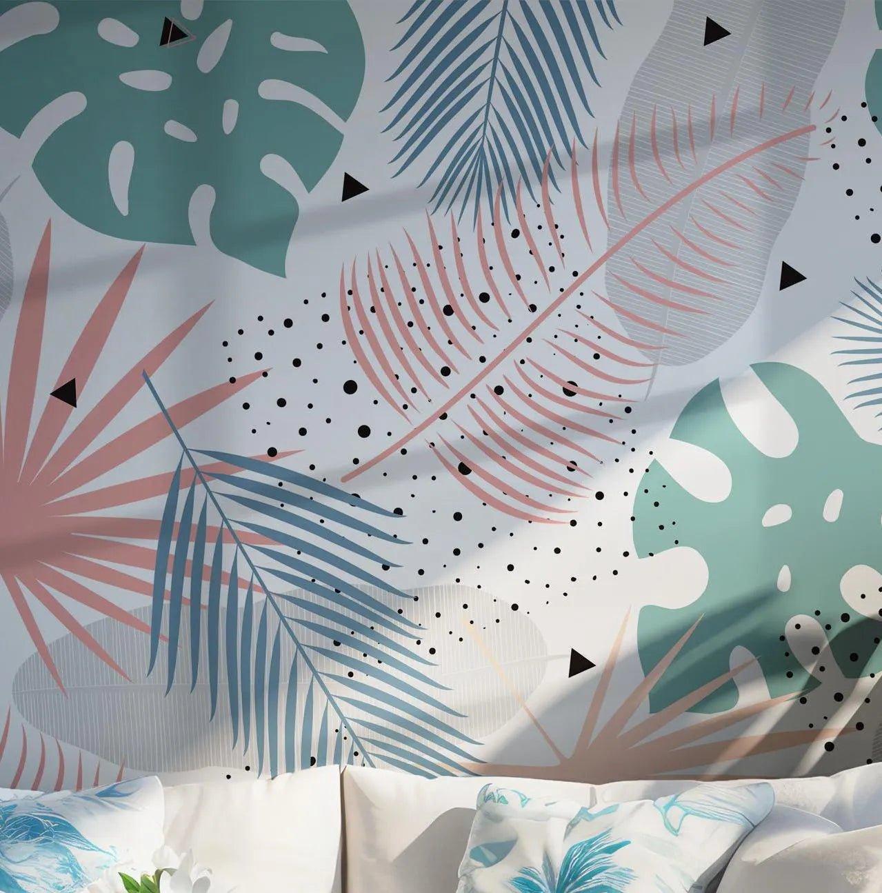 Tropical Palm Leaves Wallpaper - Peel and Stick Wall Mural - Colorful Botanical Abstract Art BV159