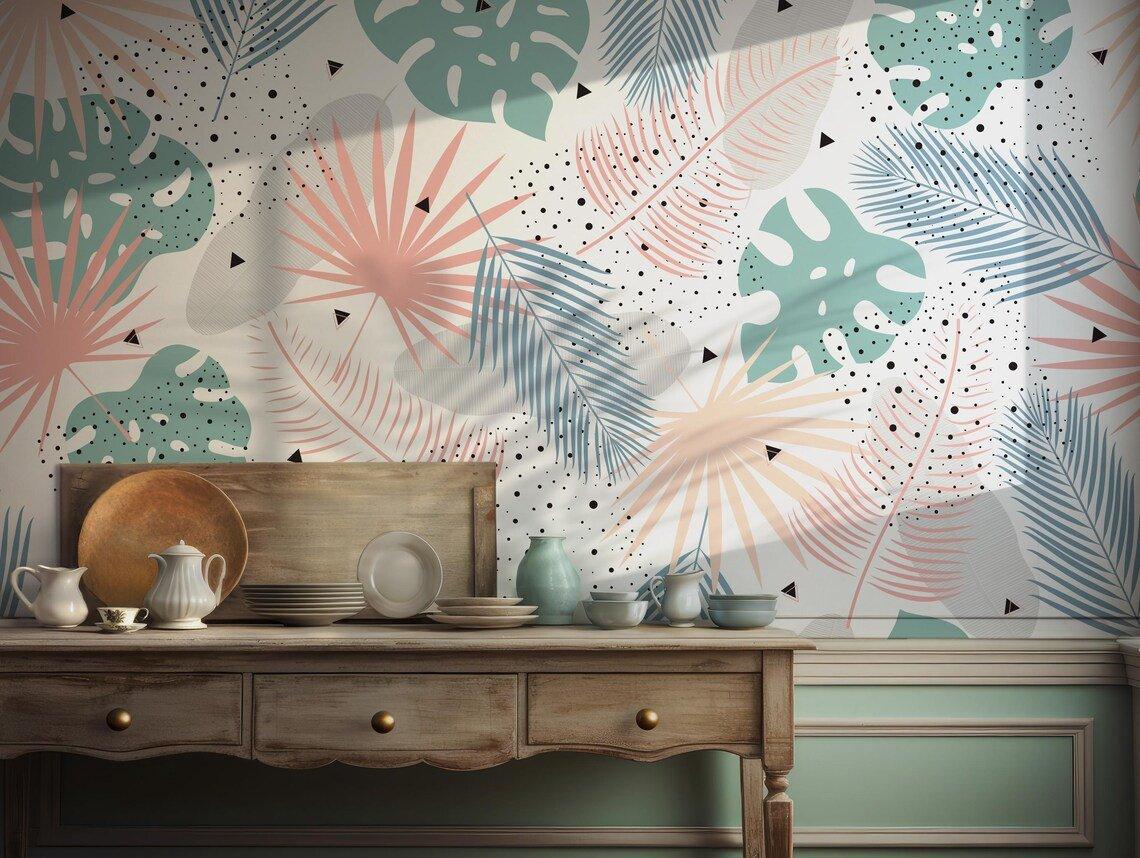 Abstract tropical palm and monstera leaf print in pink blue mint tones for removable wallpaper perfect for temporary peel and stick use.