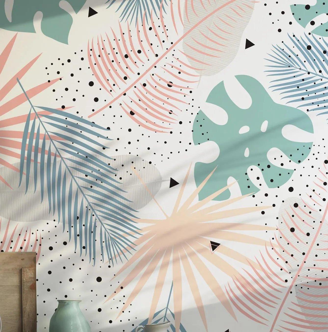 Tropical Palm Leaves Wallpaper - Peel and Stick Wall Mural - Colorful Botanical Abstract Art BV159