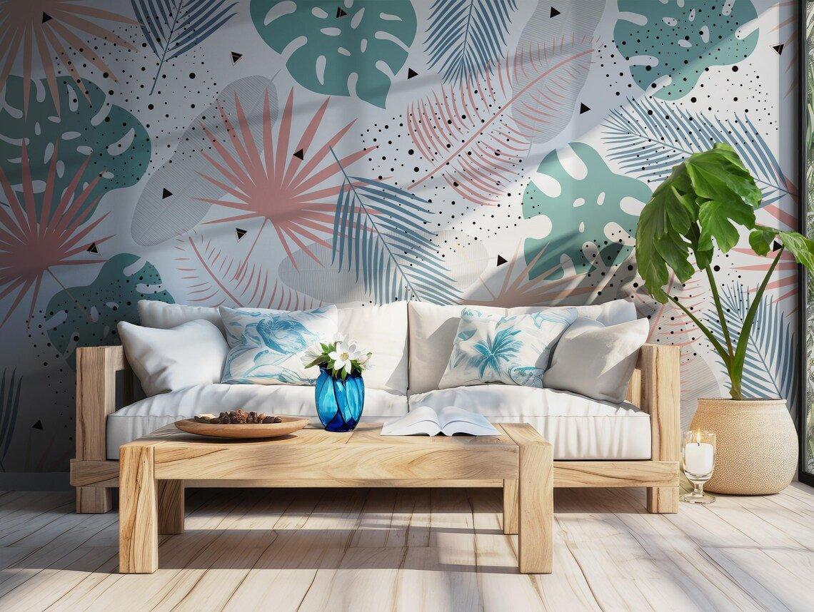Pastel tropical leaves in abstract dotted style, printed on removable peel and stick wallpaper for stylish modern home updates.