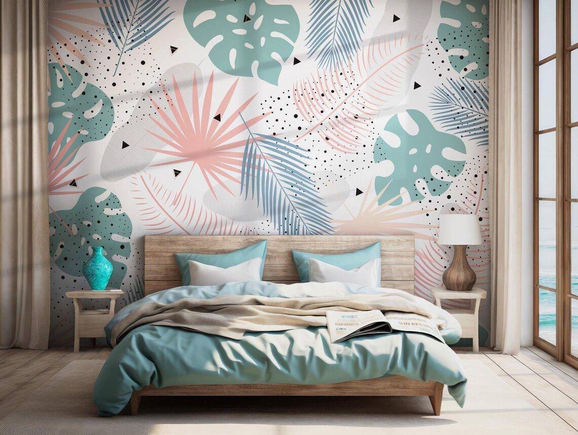 Tropical Palm Leaves Wallpaper - Peel and Stick Wall Mural - Colorful Botanical Abstract Art BV159
