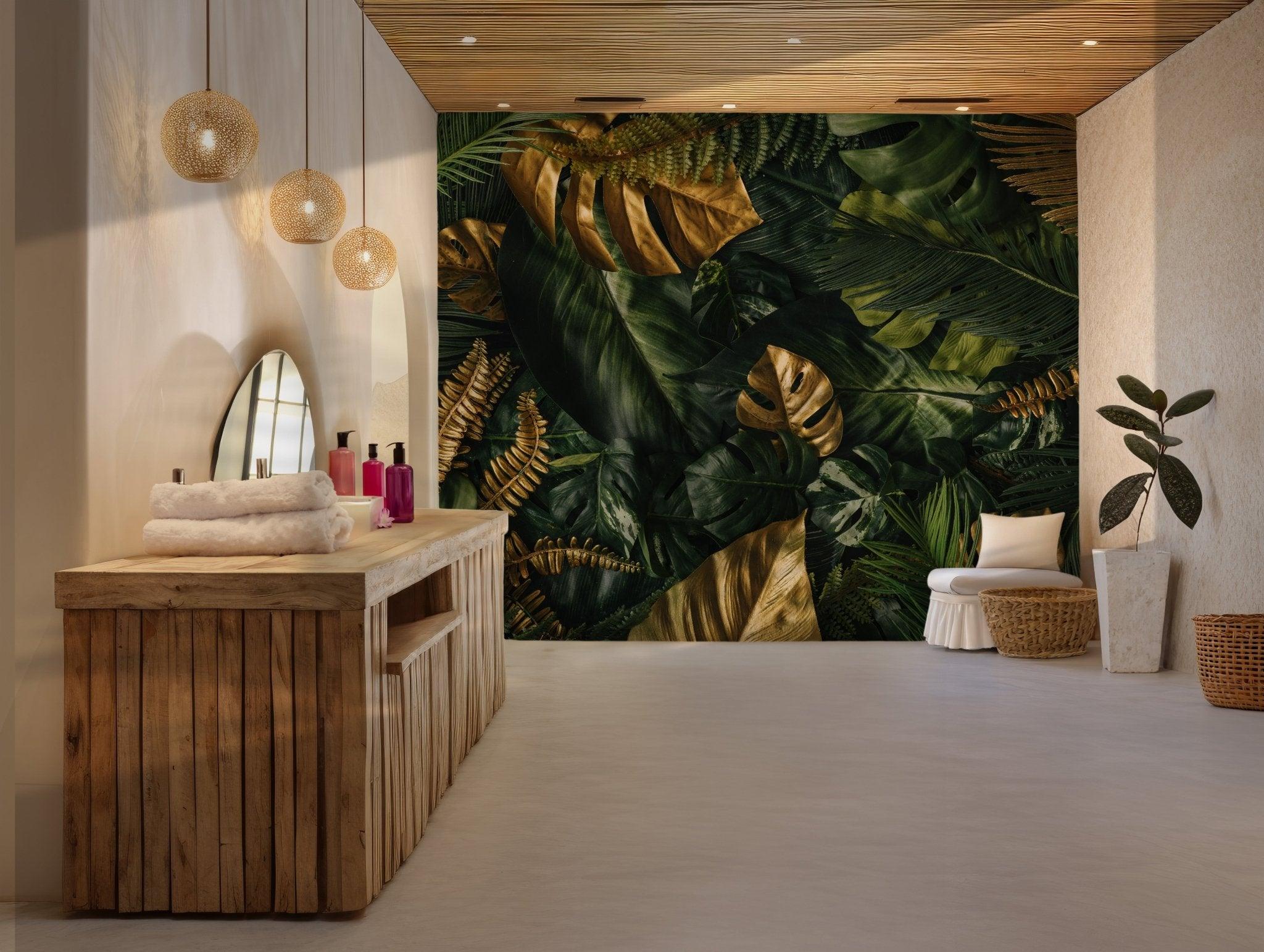 Tropical Plants Wallpaper - Self Adhesive Peel and Stick Wall Mural - Gold Green Palm Leaves BV157