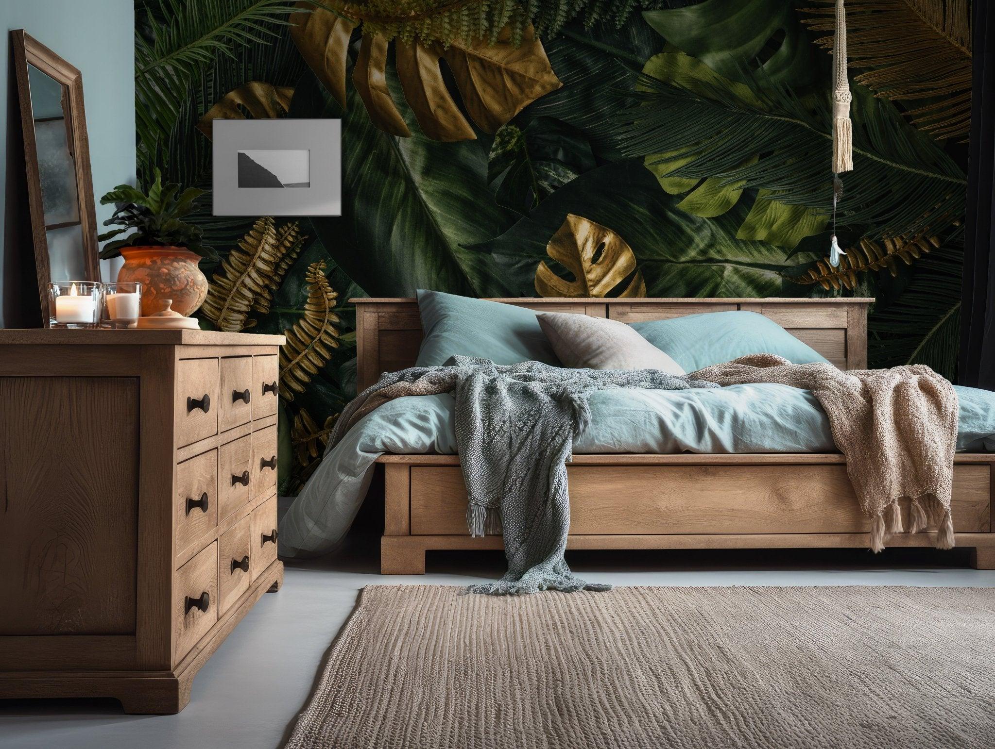 Tropical Plants Wallpaper - Self Adhesive Peel and Stick Wall Mural - Gold Green Palm Leaves BV157