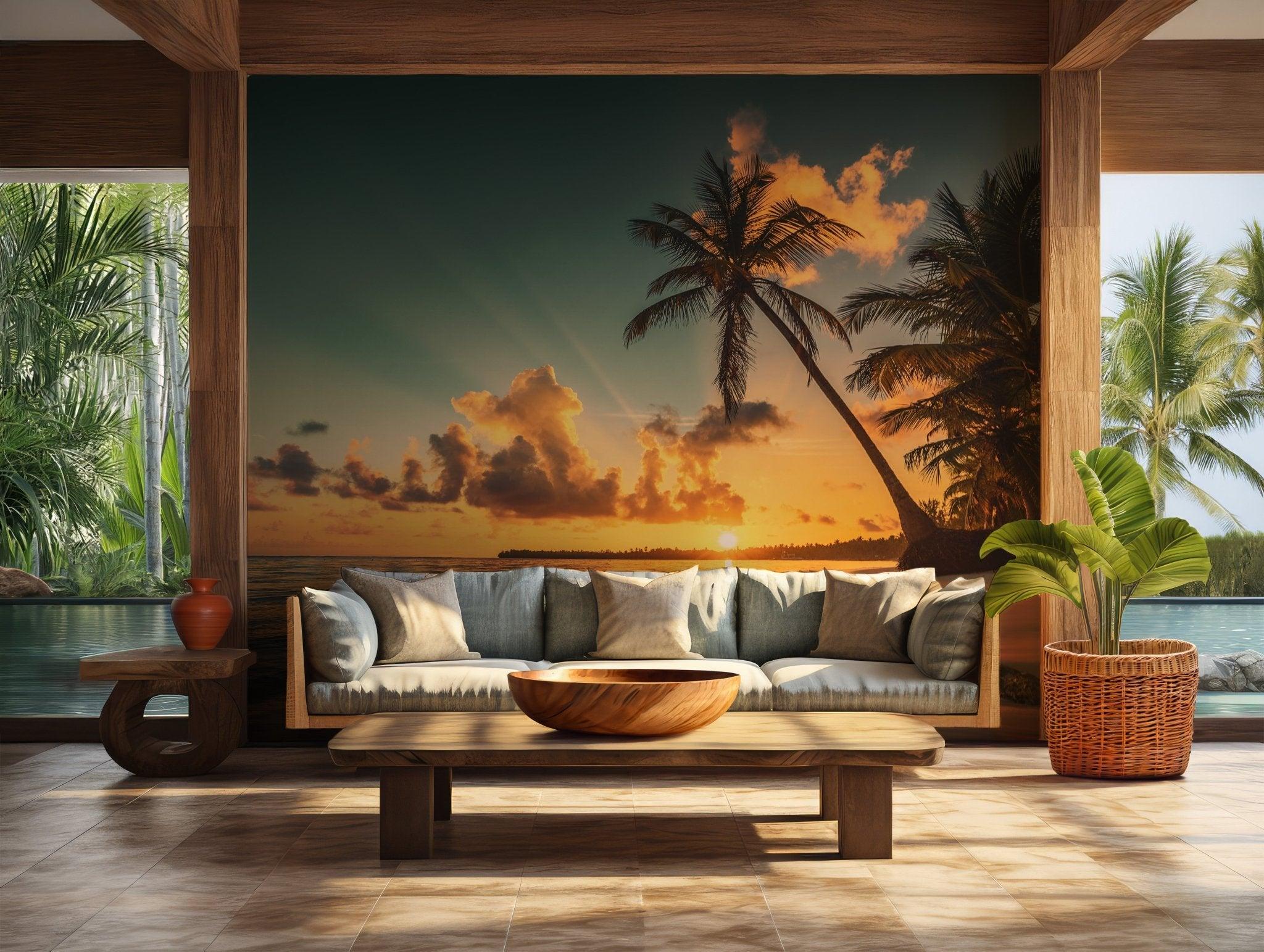 Tropical Sunset Removable Vinyl Mural - Peel and Stick Sunset wallpaper BV152