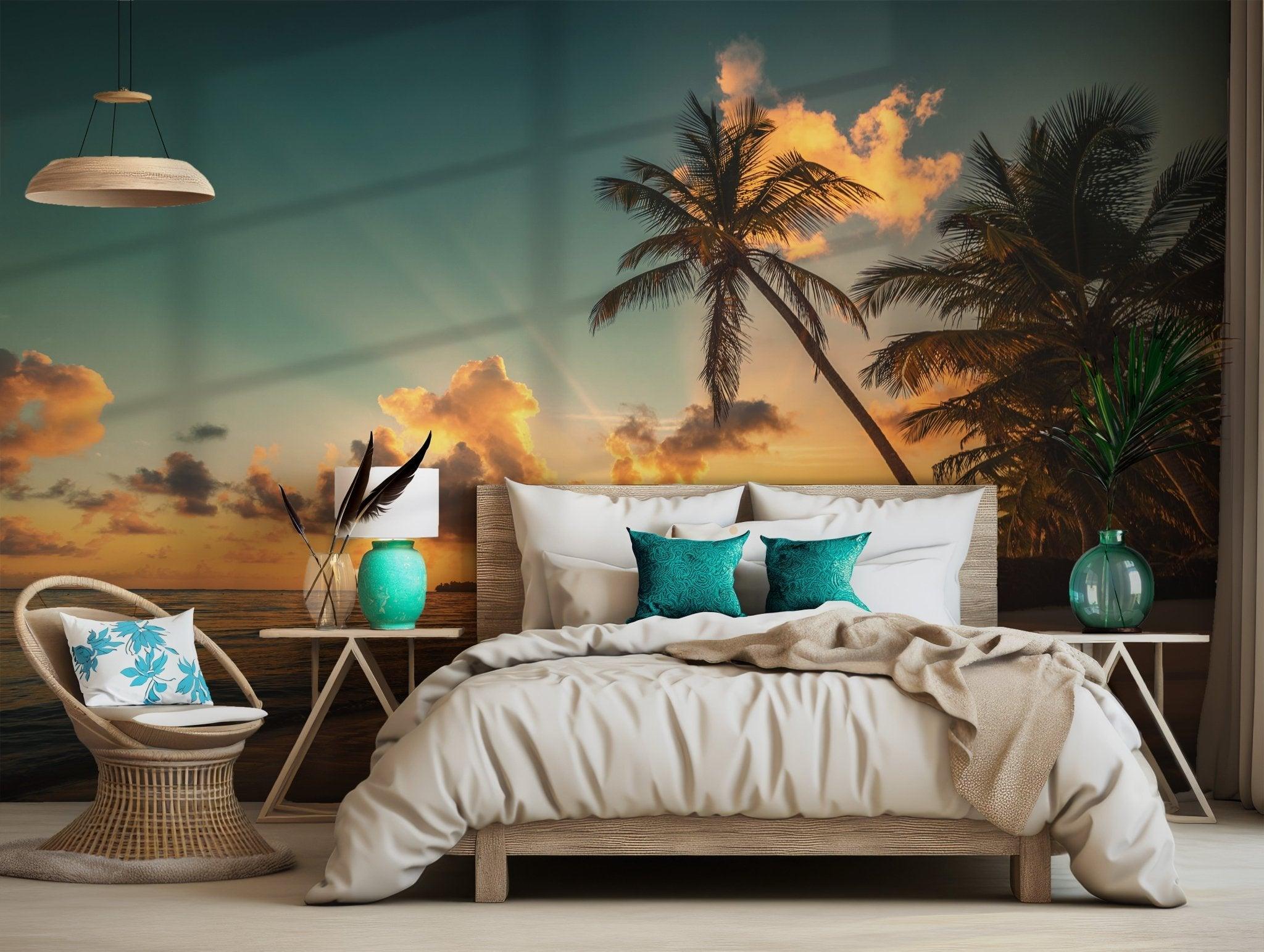 Golden light beach mural with tropical palm silhouettes and warm tones perfect for removable wallpaper and serene space updates.