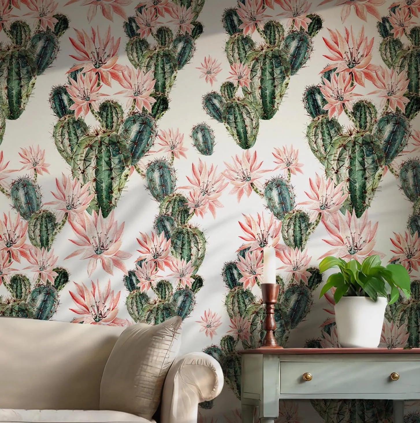 Cactus and Pink Flower Wallpaper - Peel and Stick Self Adhesive - Watercolor Green Fleece Tropical BV083