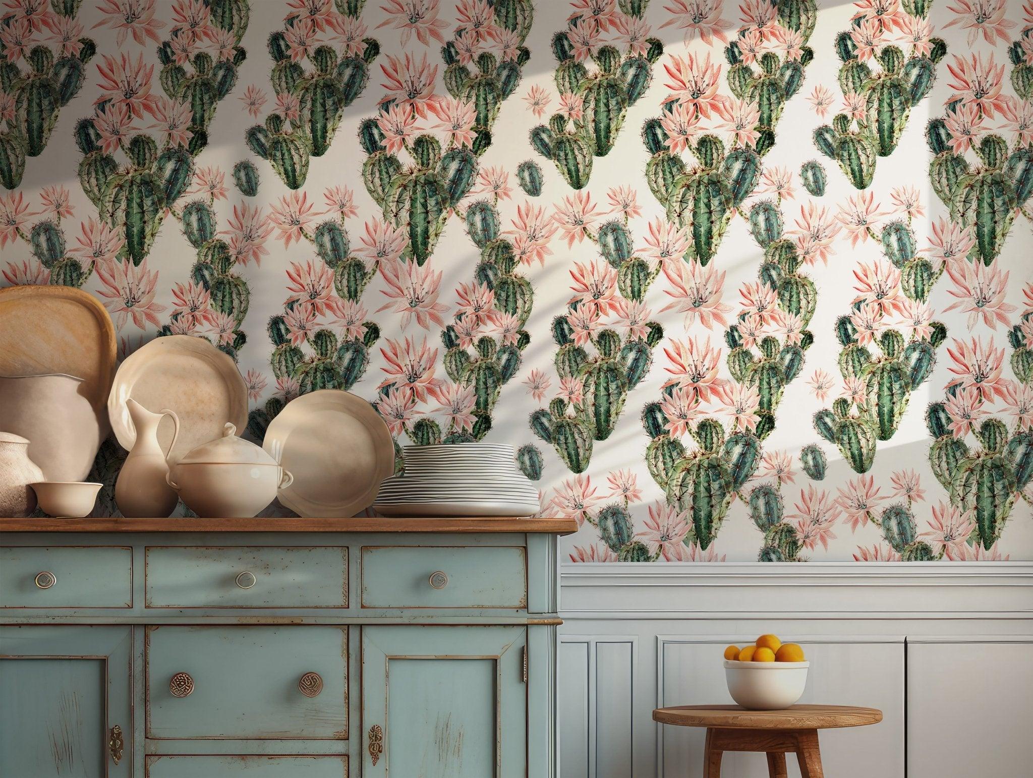 Cactus and Pink Flower Wallpaper - Peel and Stick Self Adhesive - Watercolor Green Fleece Tropical BV083
