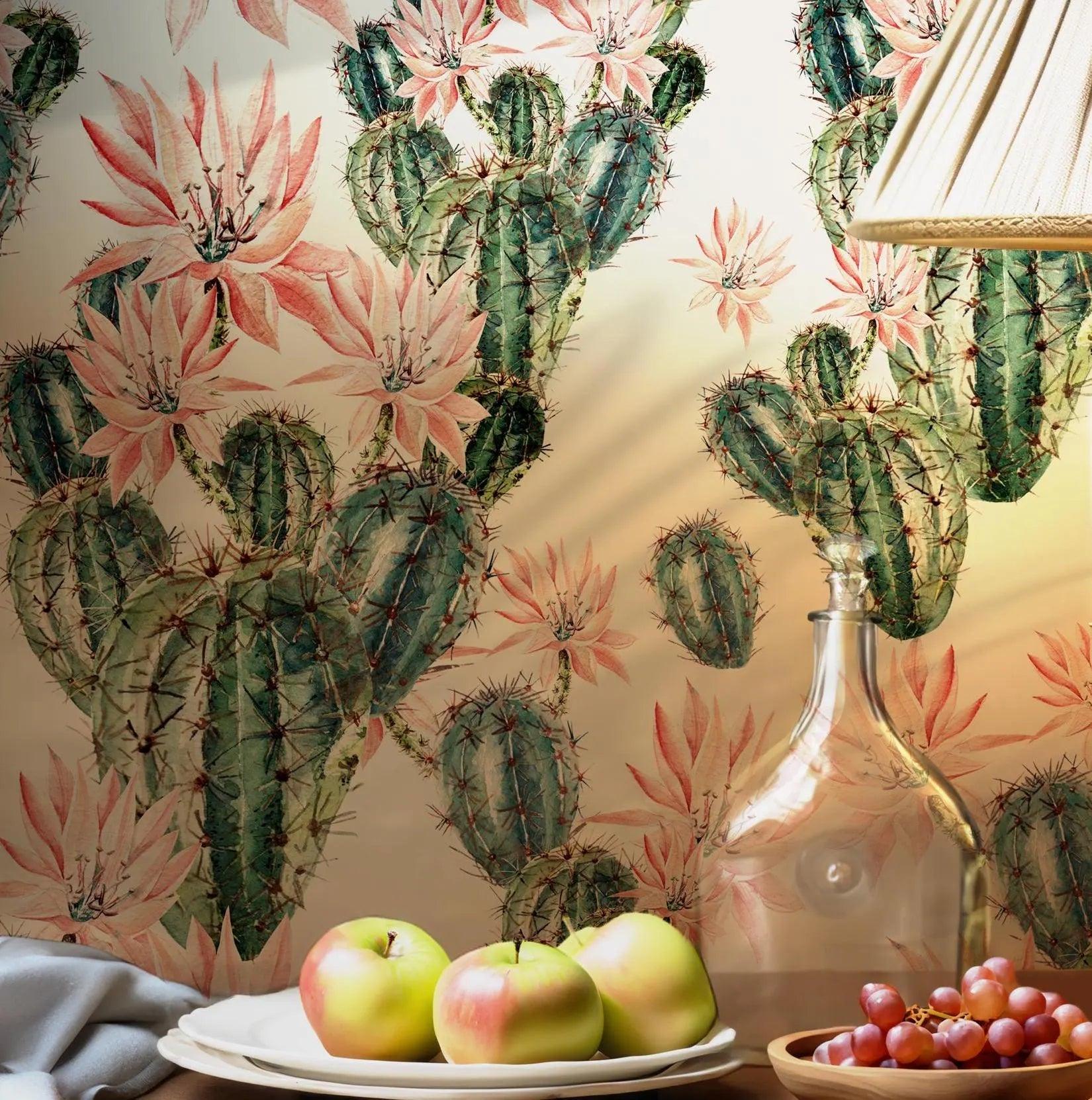 Cactus and Pink Flower Wallpaper - Peel and Stick Self Adhesive - Watercolor Green Fleece Tropical BV083
