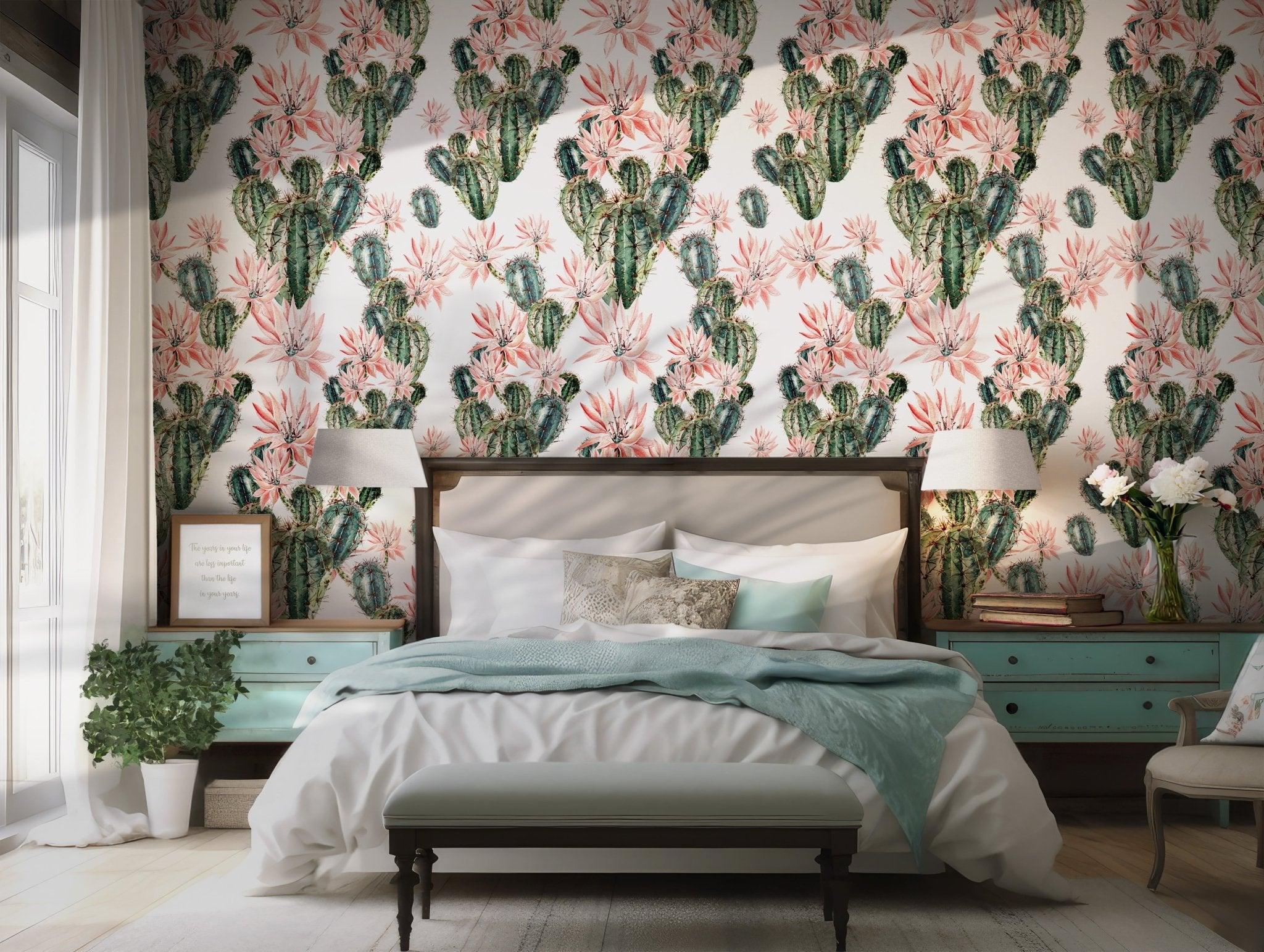 Cactus and Pink Flower Wallpaper - Peel and Stick Self Adhesive - Watercolor Green Fleece Tropical BV083