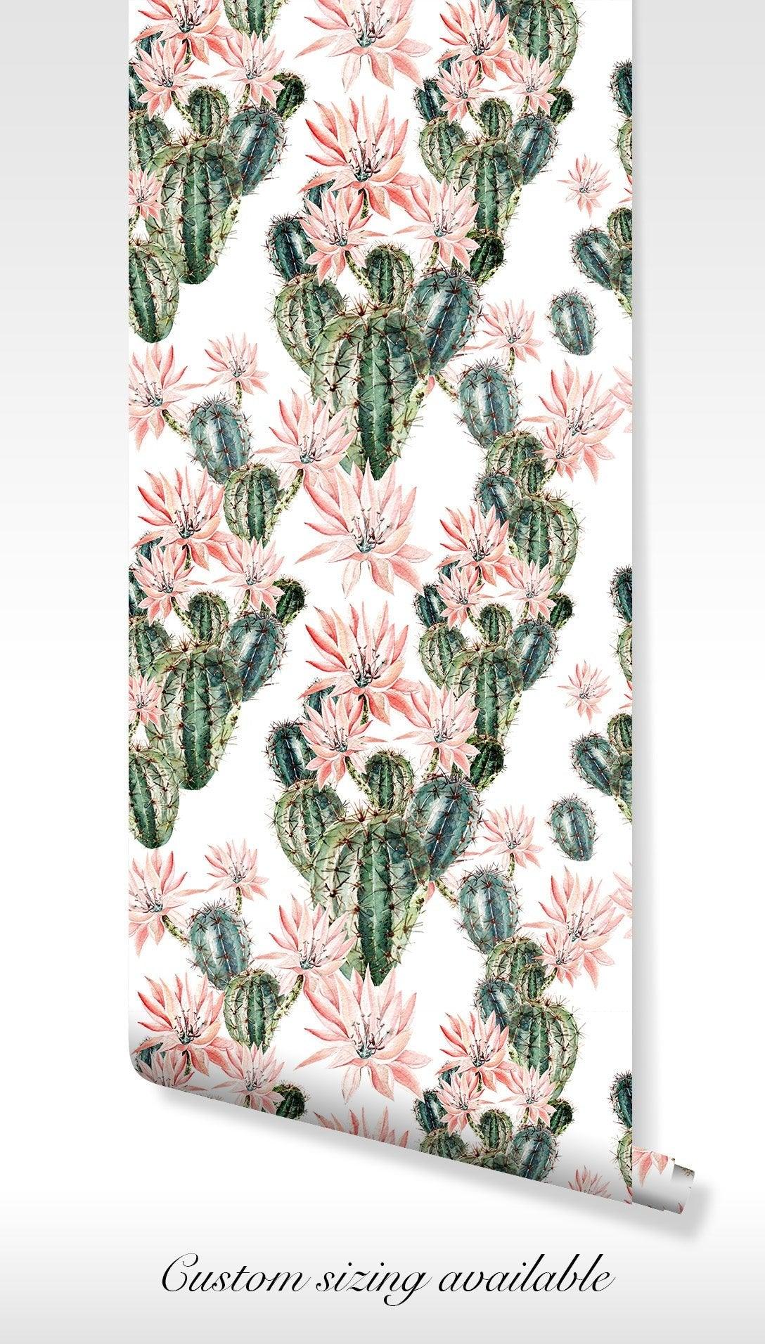 Cactus and Pink Flower Wallpaper - Peel and Stick Self Adhesive - Watercolor Green Fleece Tropical BV083