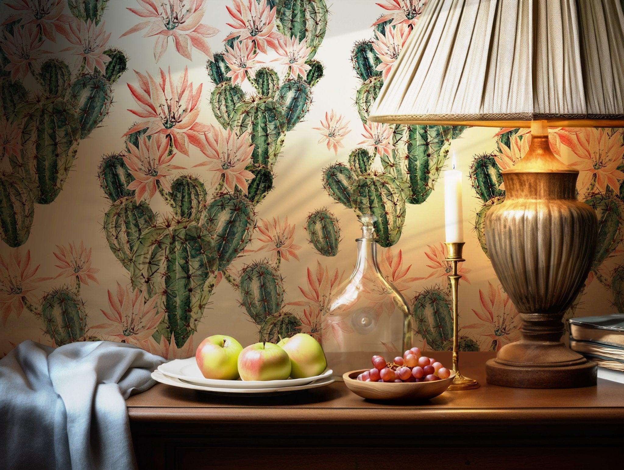Cactus and Pink Flower Wallpaper - Peel and Stick Self Adhesive - Watercolor Green Fleece Tropical BV083