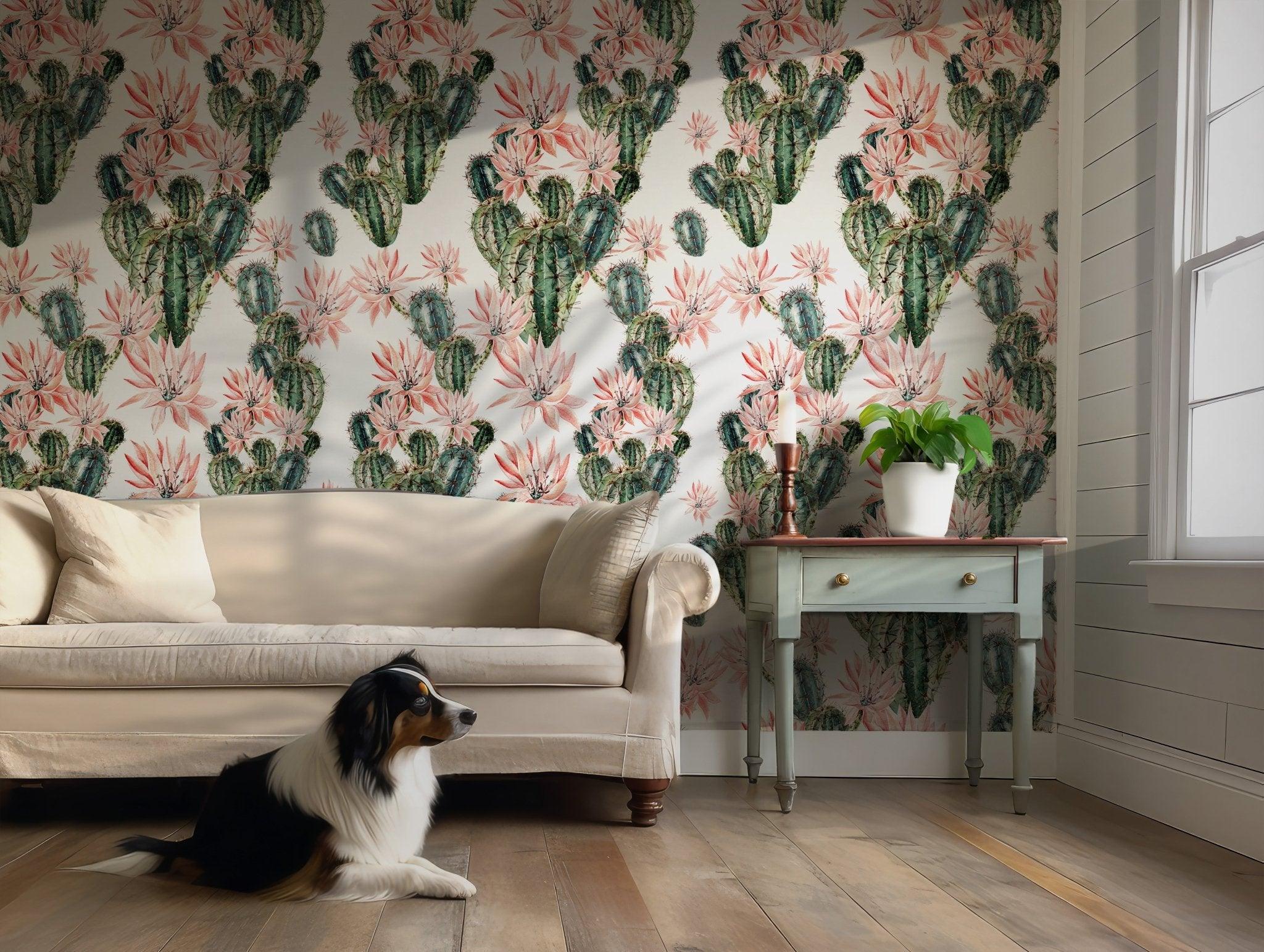 Cactus and Pink Flower Wallpaper - Peel and Stick Self Adhesive - Watercolor Green Fleece Tropical BV083