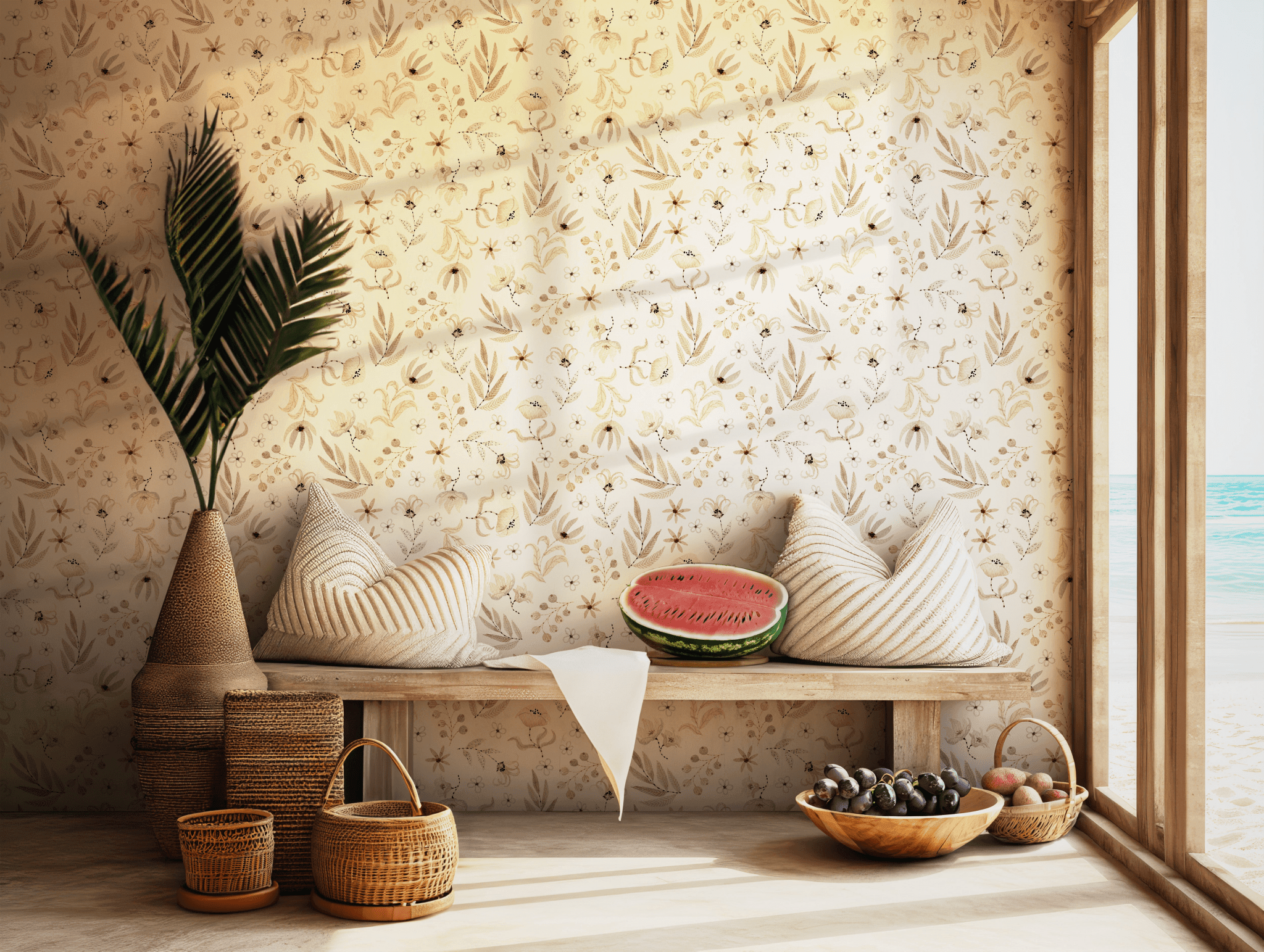 Vintage Beige Floral Wallpaper - Temporary Peel and Stick - Watercolor Botanical Foliage BV319