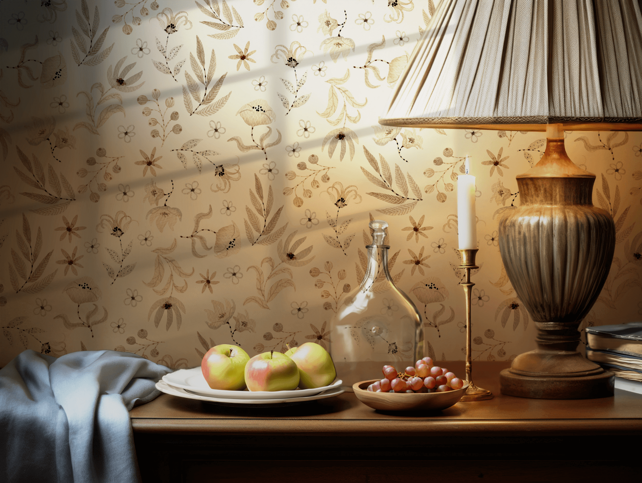 Vintage Beige Floral Wallpaper - Temporary Peel and Stick - Watercolor Botanical Foliage BV319