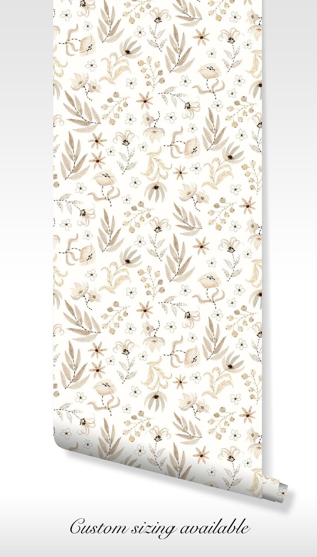 Vintage Beige Floral Wallpaper - Temporary Peel and Stick - Watercolor Botanical Foliage BV319