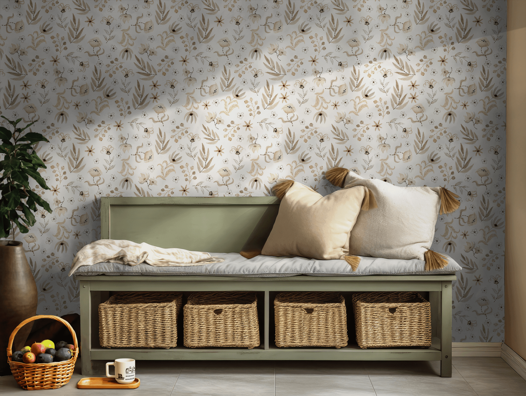 Vintage Beige Floral Wallpaper - Temporary Peel and Stick - Watercolor Botanical Foliage BV319