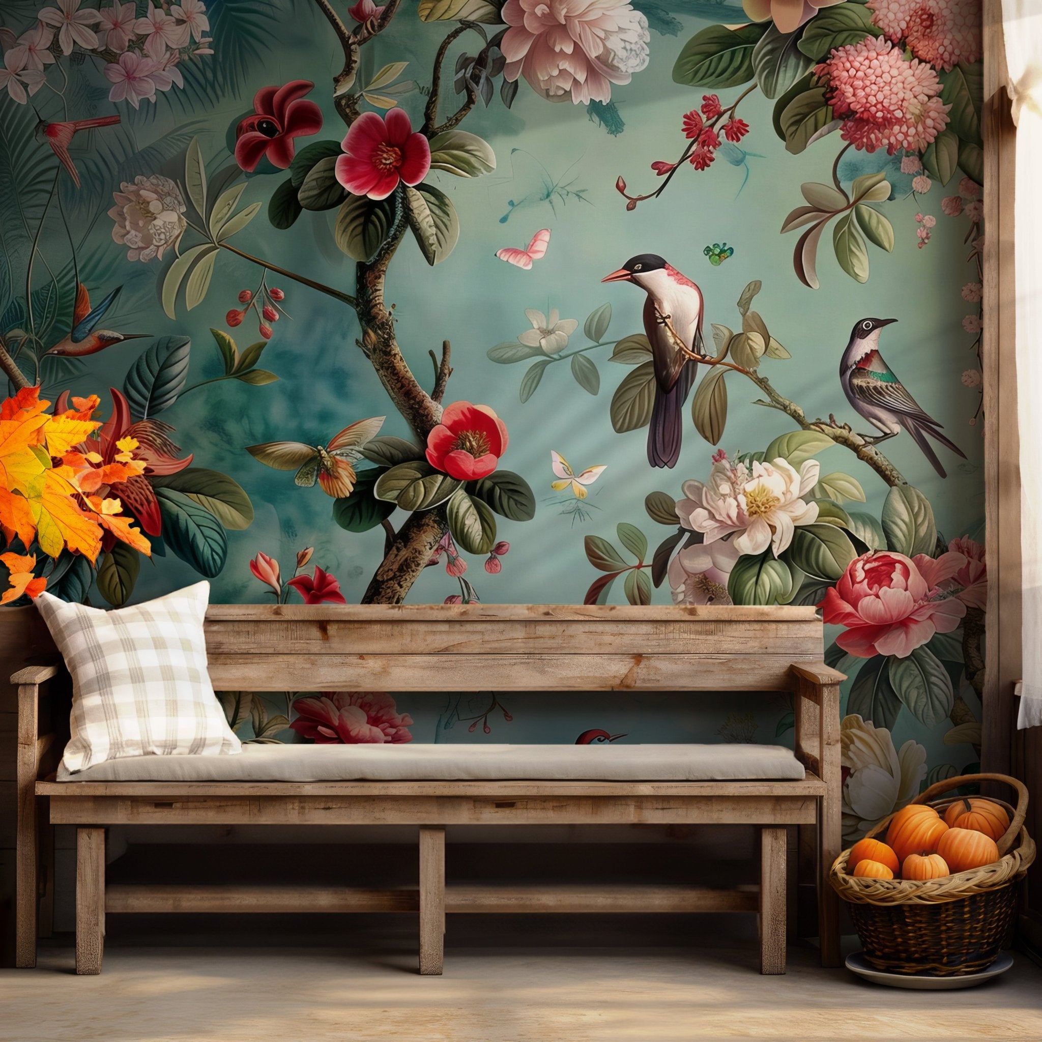 Detailed watercolor floral and bird design inspired by vintage chinoiserie art. Teal background complements the soft colors of blooms and birds. Great as temporary wallpaper or peel-and-stick mural for DIY room makeovers. Perfect for renters or anyone wanting to enhance interiors with removable wallpaper.