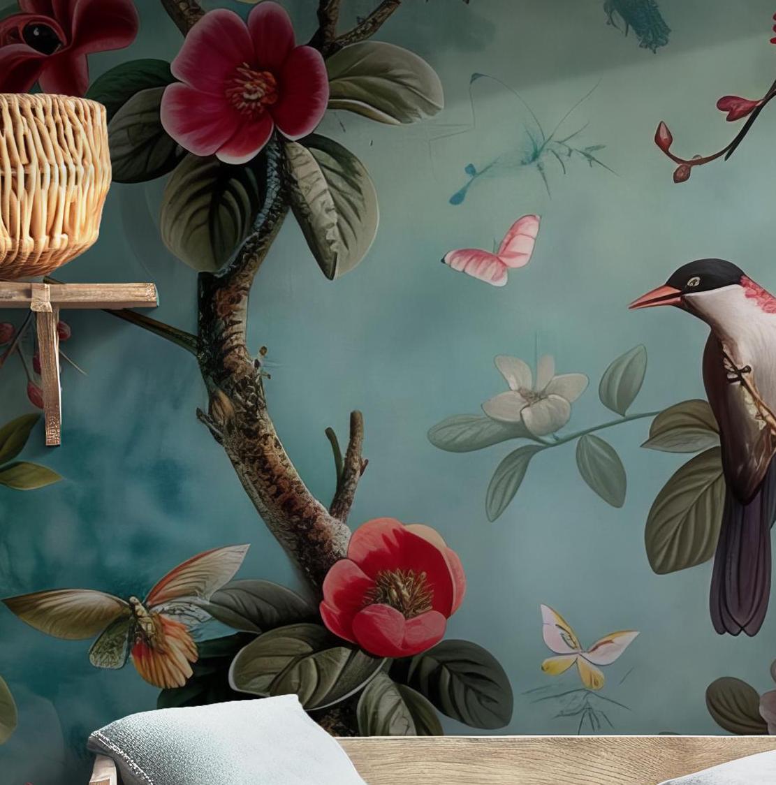 Featuring birds, peonies, magnolias, and butterflies, this art piece doubles as a statement-making removable wallpaper. Perfect for classic or vintage-inspired rooms, it’s renter-safe and suitable for easy DIY transformations.