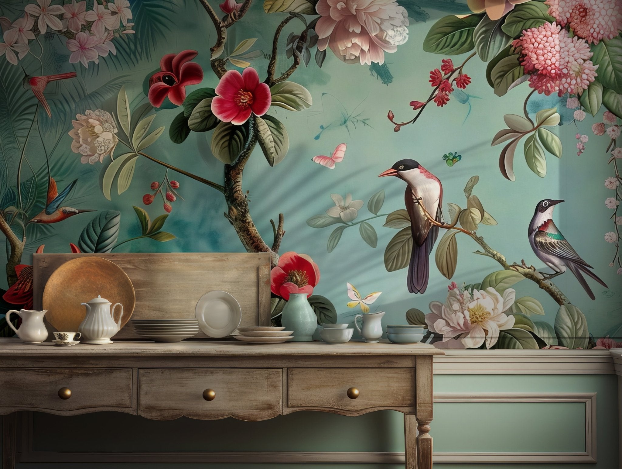 Elegant chinoiserie-style botanical mural featuring exotic birds, butterflies, and blooming branches on a teal backdrop. This removable wallpaper design is perfect for temporary installations and renters seeking a classic vintage style without commitment. Ideal for feature walls, accent corners, and antique-style home interiors.