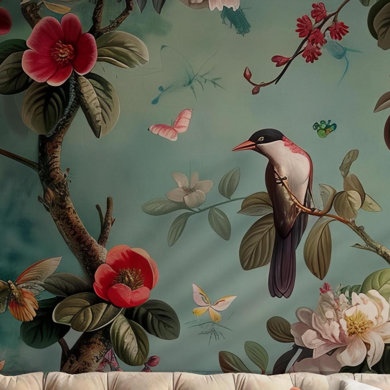 A romantic bird-and-flower composition illustrated in detailed vintage style on a soft greenish-teal backdrop. This is a perfect temporary wallpaper for bedrooms, studios, or creative spaces, with a removable design that’s easy to apply and just as easy to take down.