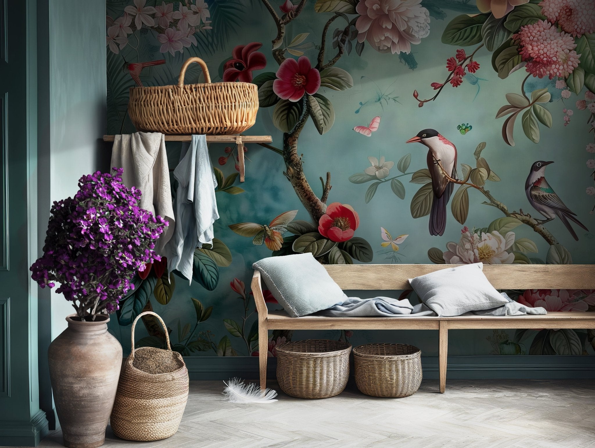 This lush teal mural captures a chinoiserie-inspired garden scene with birds and botanical blooms. Designed as temporary wallpaper, it offers renters and design lovers a way to create statement walls without long-term commitment.
