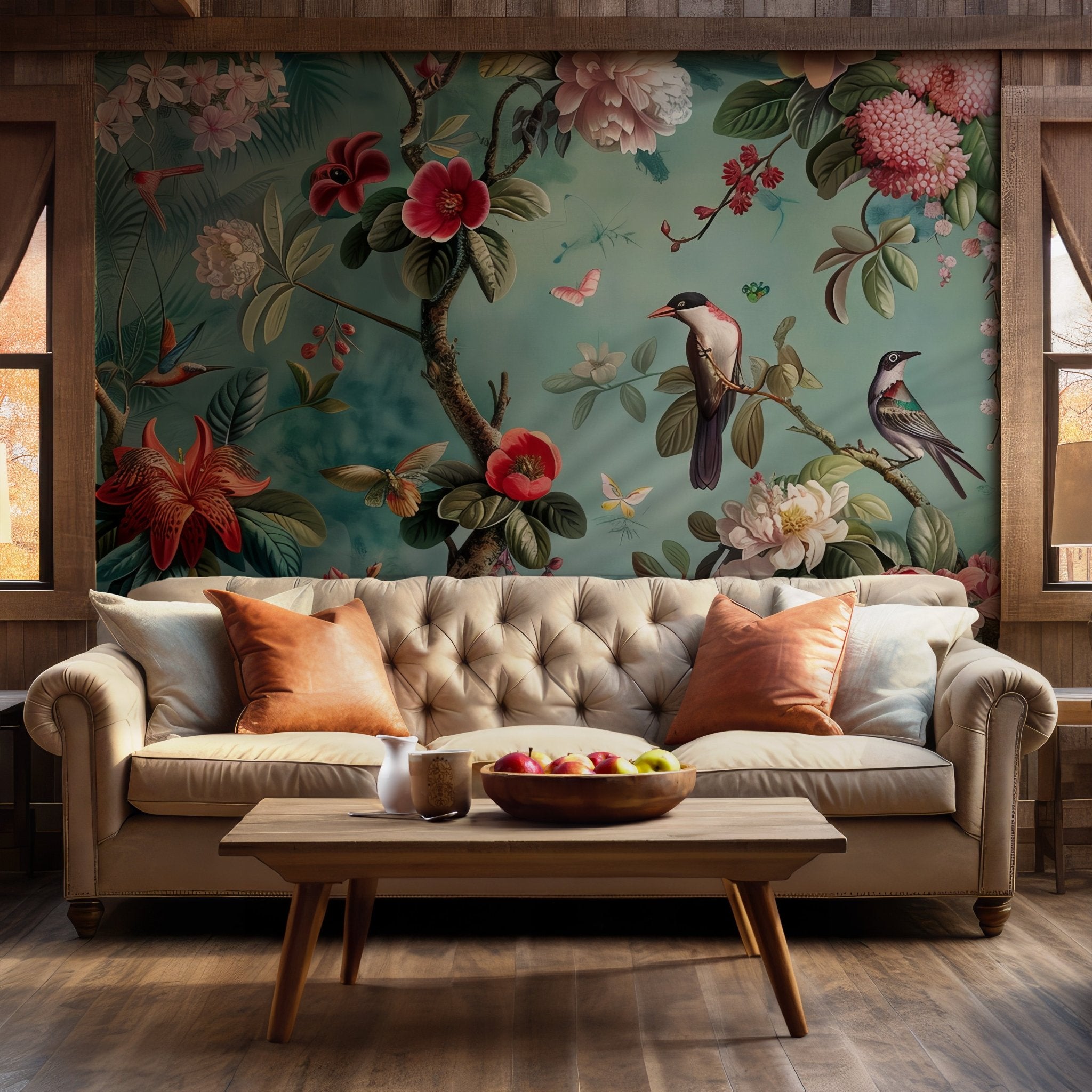 Removable wallpaper featuring delicate butterflies, peonies, and tropical birds perched on vines and branches. The antique art style adds character to any space. Ideal for nature lovers and those seeking a classic botanical aesthetic with easy application and residue-free removal.