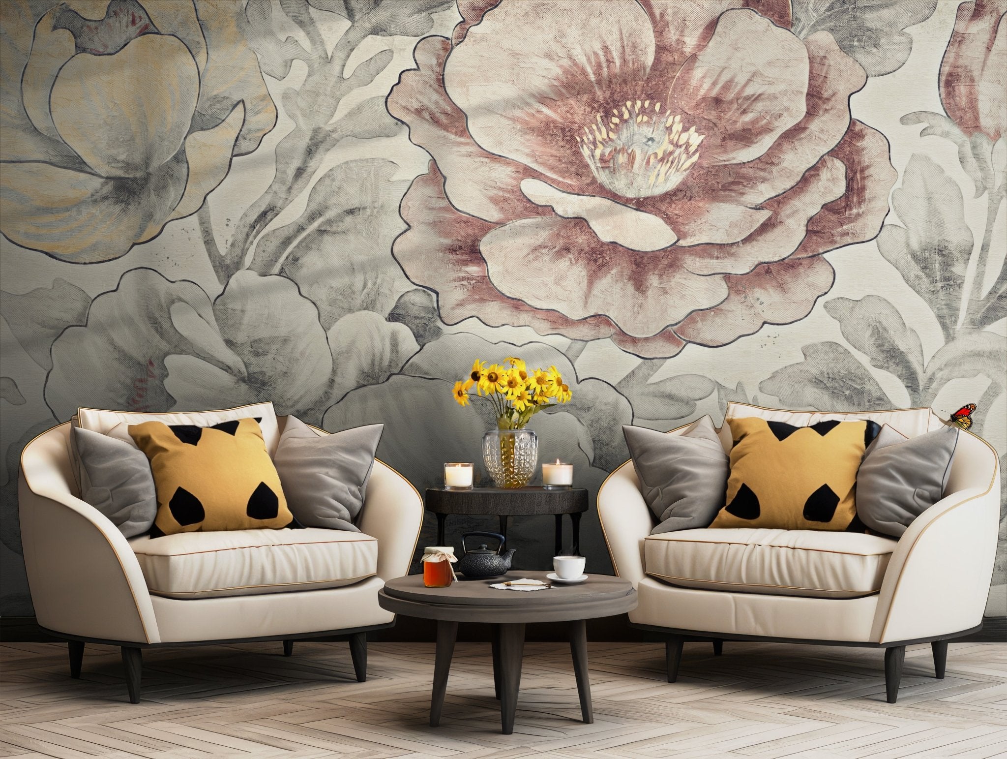 Vintage Floral Peony Wallpaper - Self Adhesive Peel and Stick Wall Mural - Botanical Effect BV270