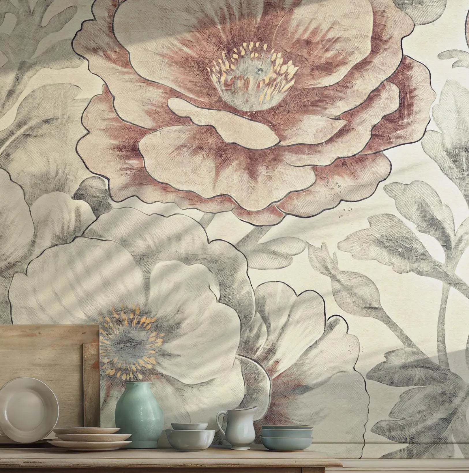 Vintage Floral Peony Wallpaper - Self Adhesive Peel and Stick Wall Mural - Botanical Effect BV270