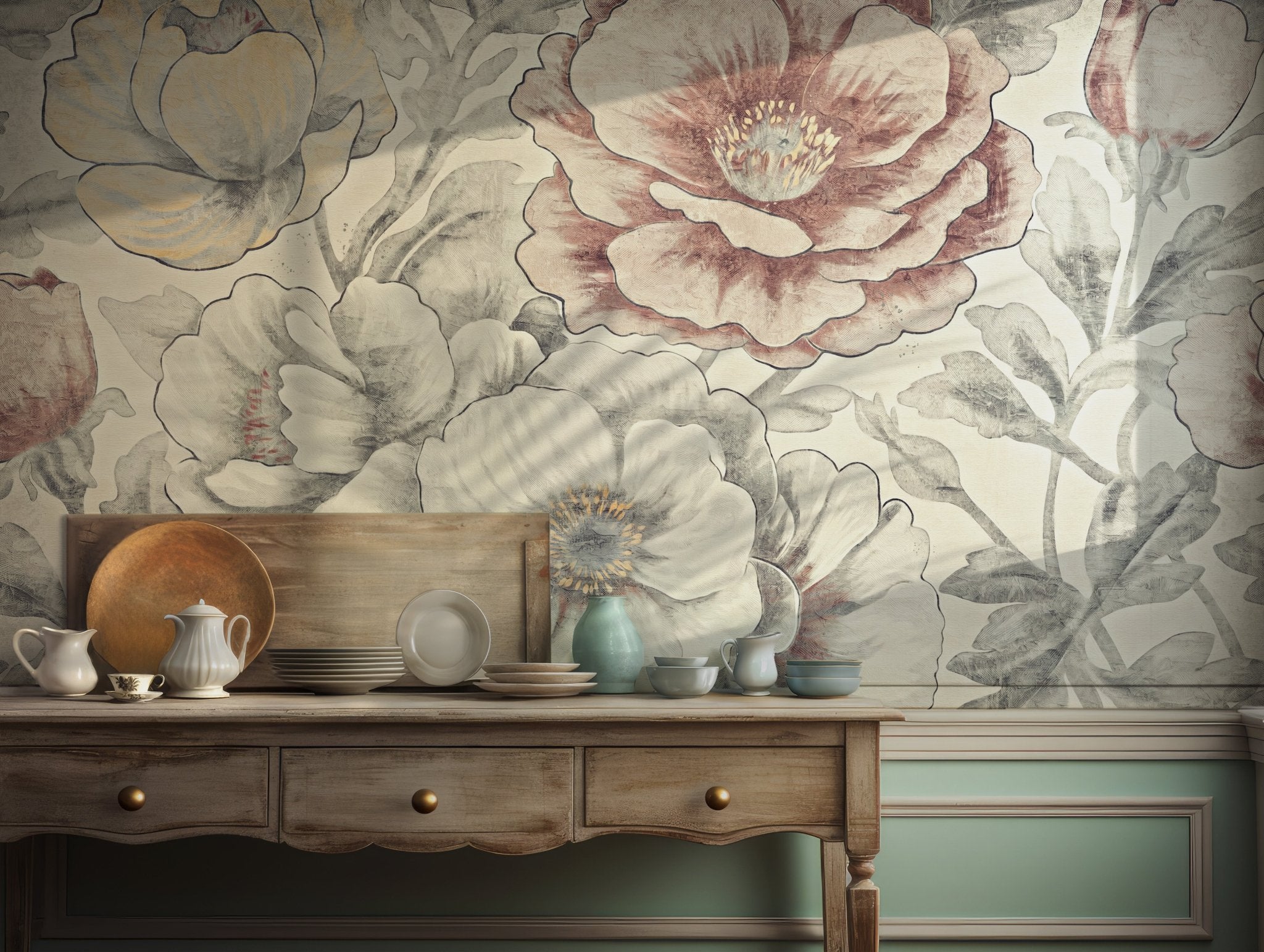 Vintage Floral Peony Wallpaper - Self Adhesive Peel and Stick Wall Mural - Botanical Effect BV270