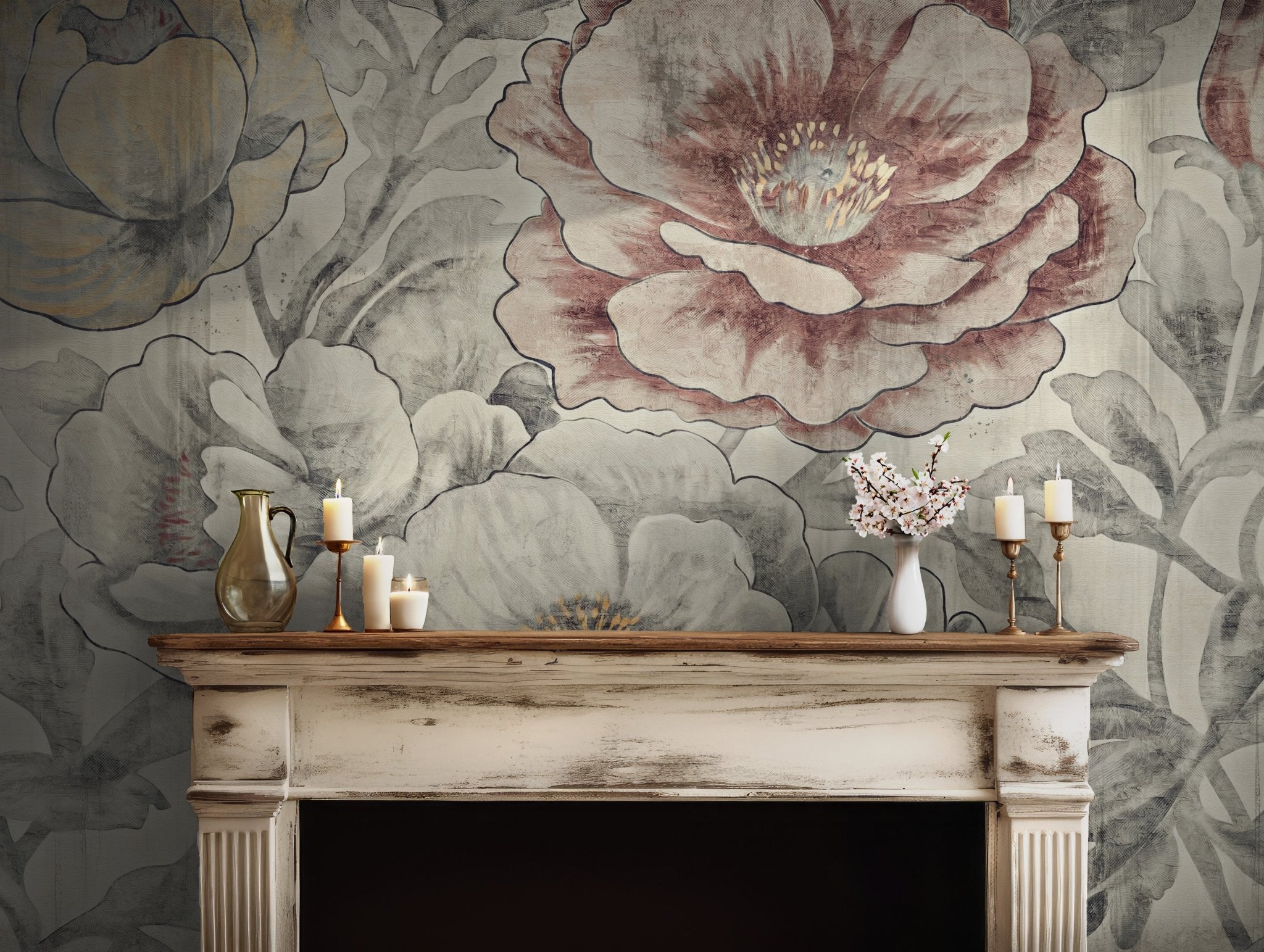 Vintage Floral Peony Wallpaper - Self Adhesive Peel and Stick Wall Mural - Botanical Effect BV270