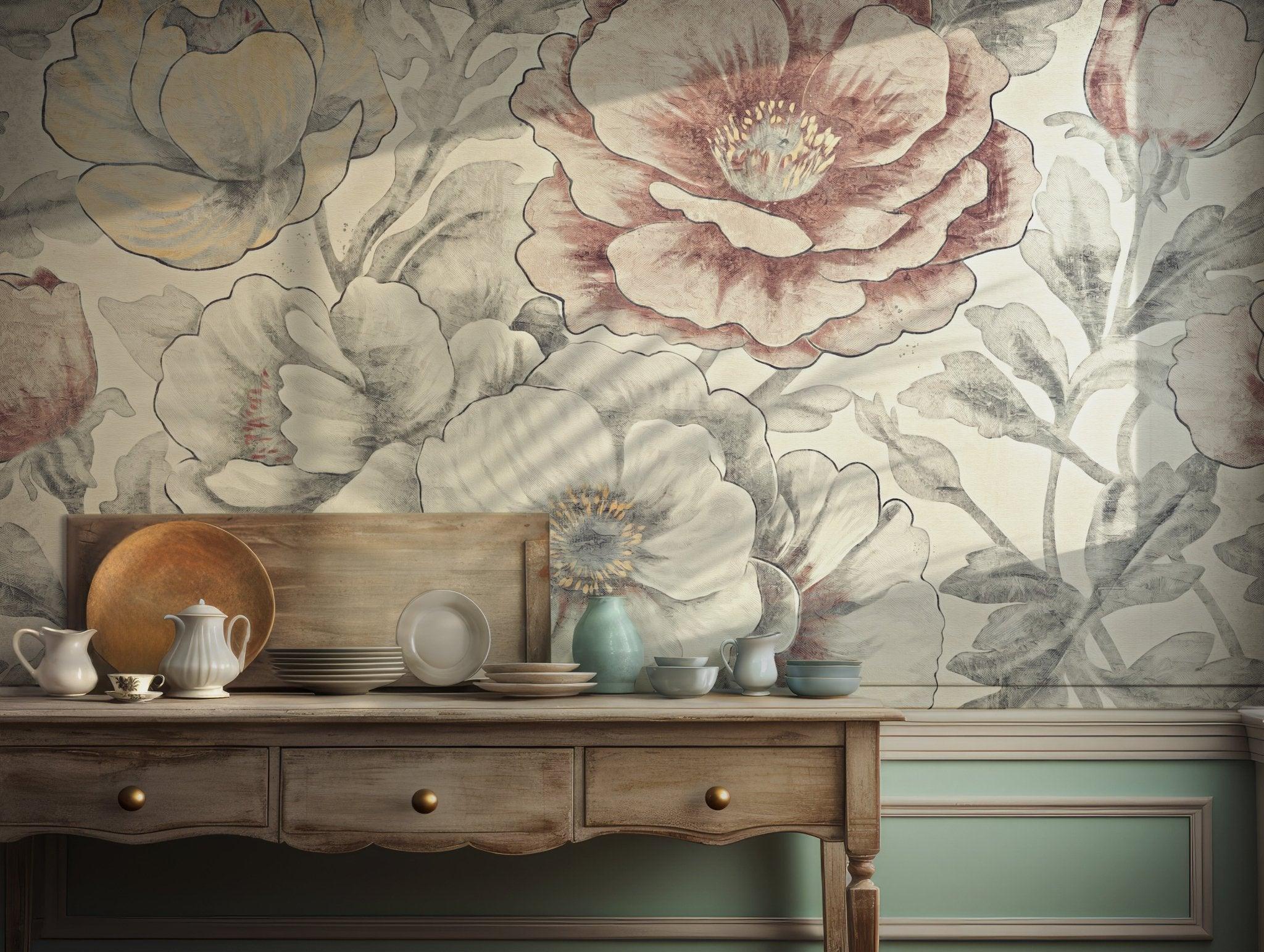 Vintage Floral Peony Wallpaper - Self Adhesive Peel and Stick Wall Mural - Botanical Effect BV270