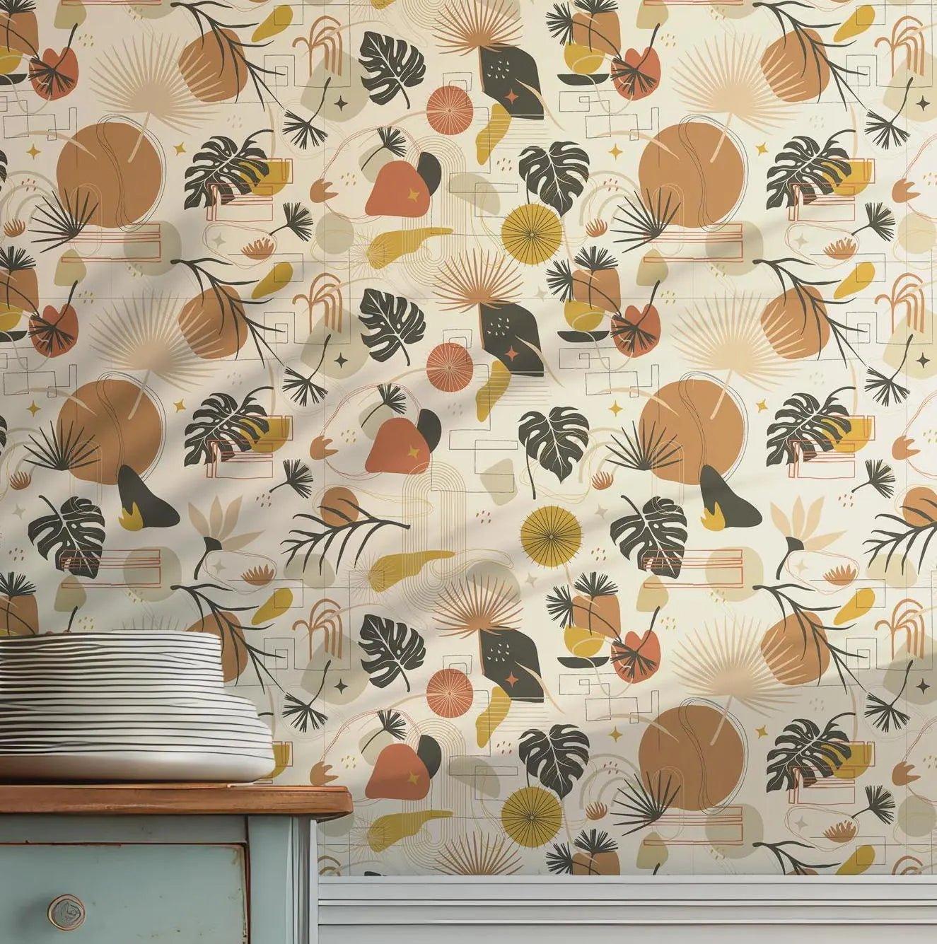 Warm Tones Leaves Boho Wallpaper - Self Adhesive Peel and Stick - Tropical Monstera Vintage Botanical BV335