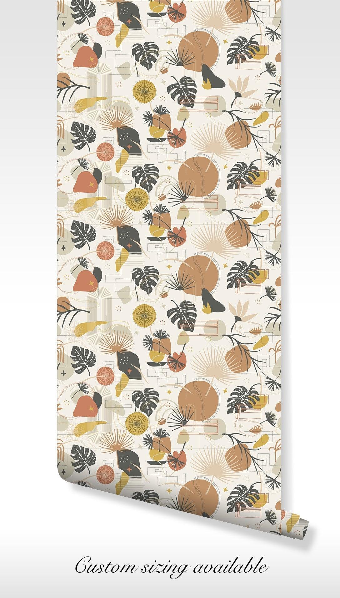 Warm Tones Leaves Boho Wallpaper - Self Adhesive Peel and Stick - Tropical Monstera Vintage Botanical BV335