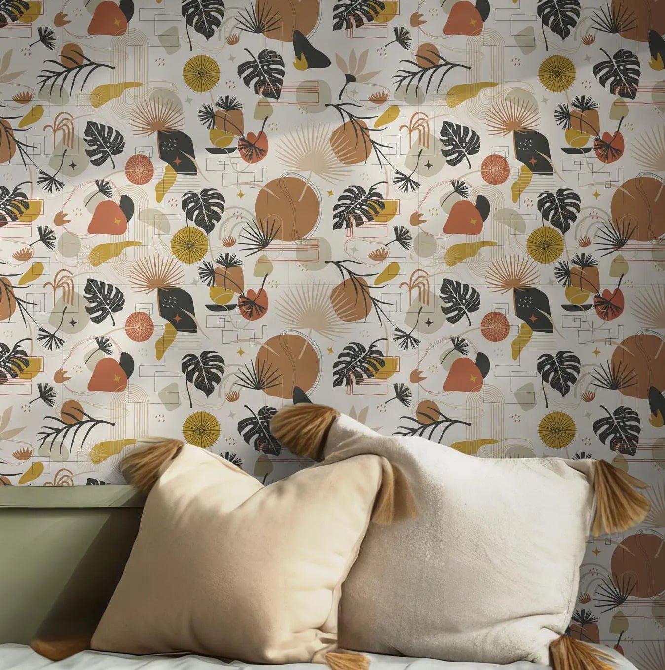 Warm Tones Leaves Boho Wallpaper - Self Adhesive Peel and Stick - Tropical Monstera Vintage Botanical BV335
