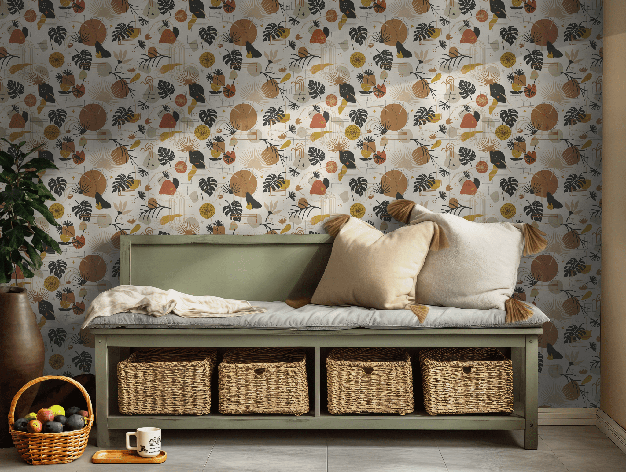 Warm Tones Leaves Boho Wallpaper - Self Adhesive Peel and Stick - Tropical Monstera Vintage Botanical BV335