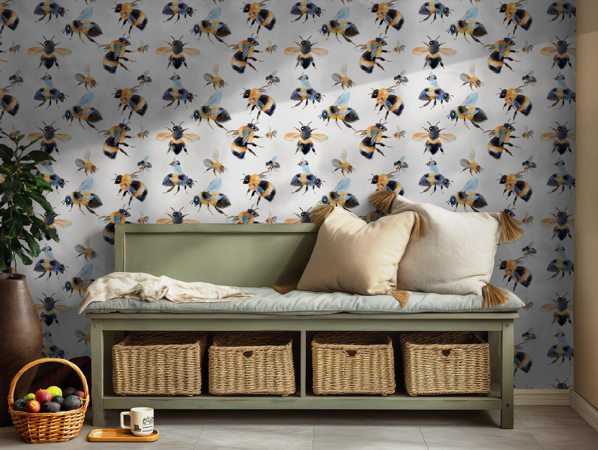 Watercolor Bumblebee Wallpaper - Self Adhesive Peel and Stick - Bee for Kids Rooms Nursery BV132