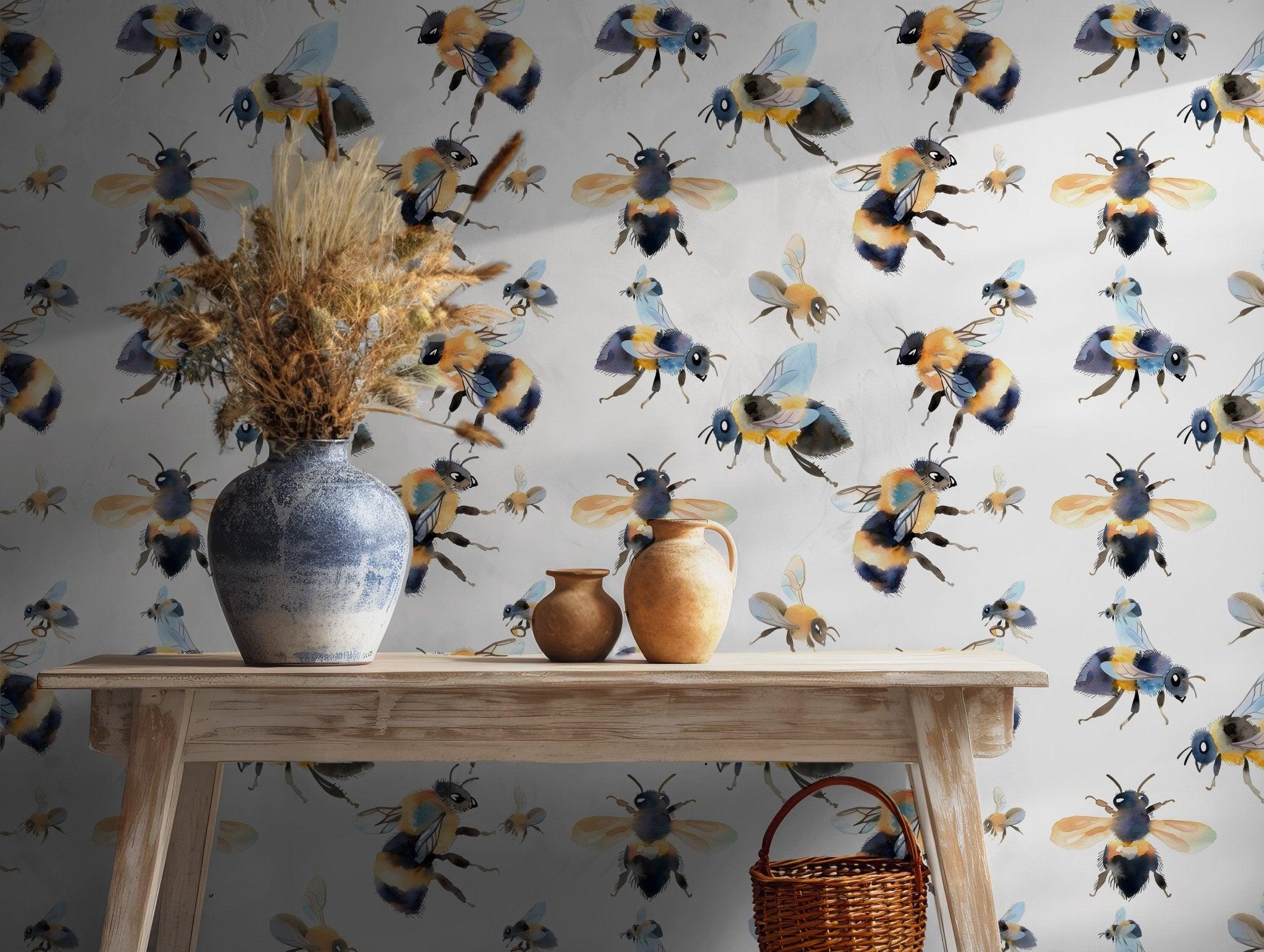 Watercolor Bumblebee Wallpaper - Self Adhesive Peel and Stick - Bee for Kids Rooms Nursery BV132
