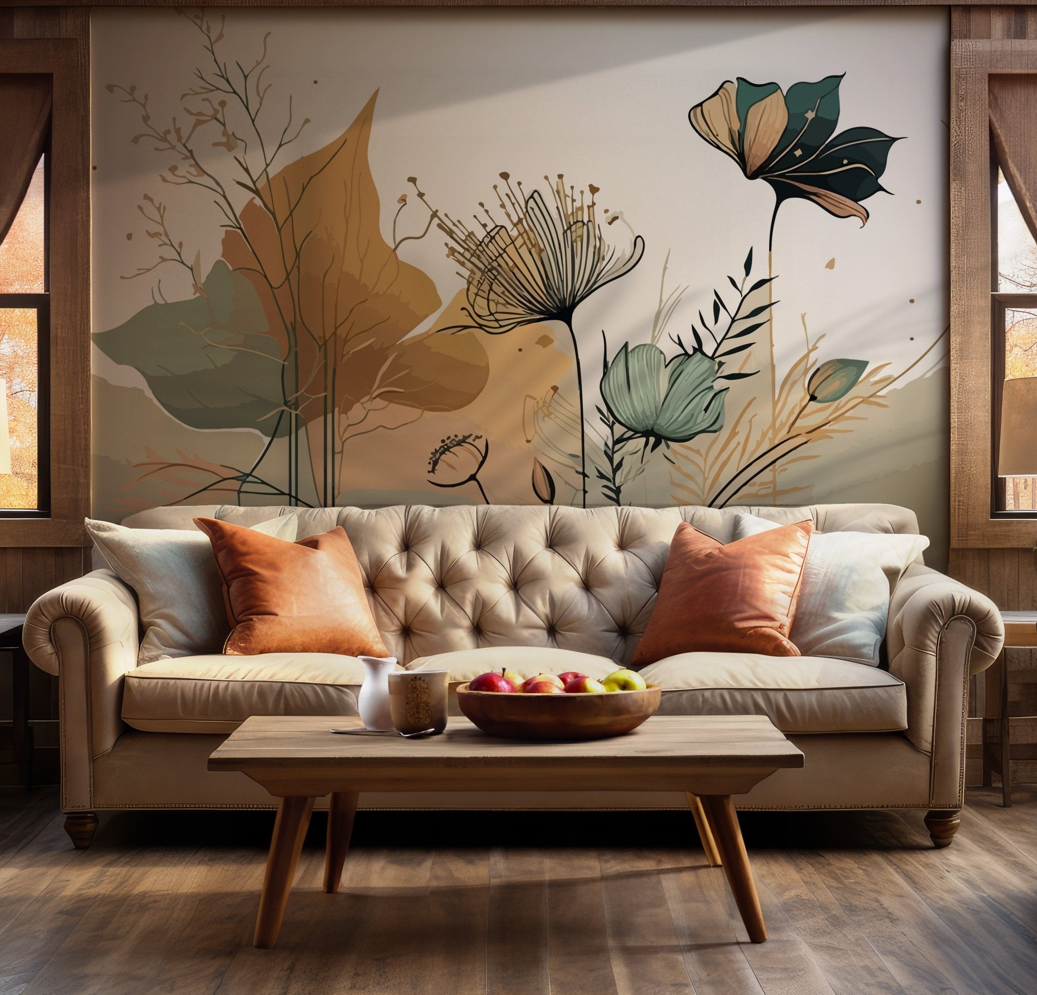 Colorful Botanical Wallpaper - Watercolor Vintage Floral Leaf Wall Mural - Peel and Stick BV188 BV188