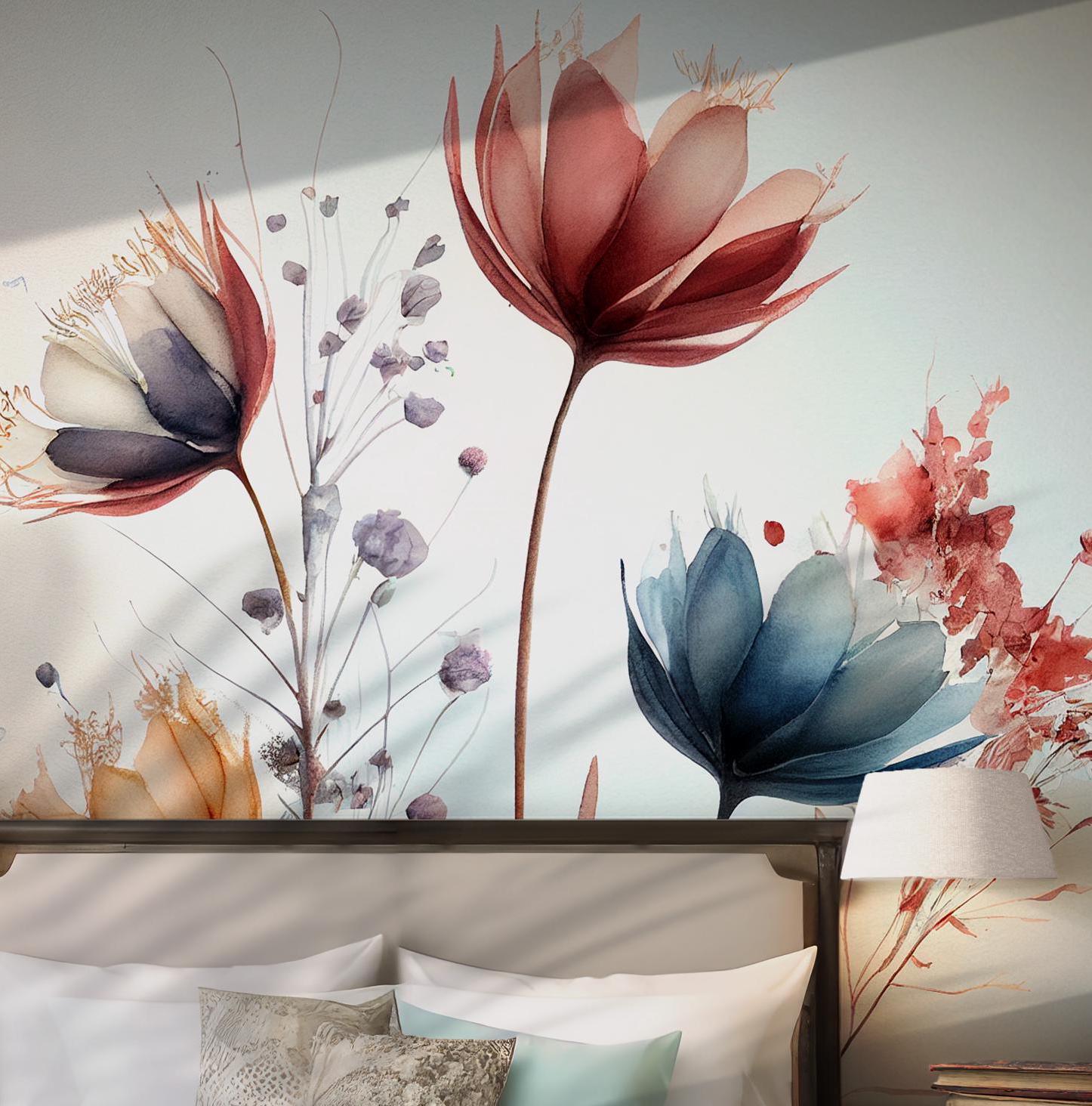 Watercolor Floral Wallpaper - Peel and Stick Wall Mural - Abstract Red Blue Flowers Petals Sprout Soft Pastel BV175