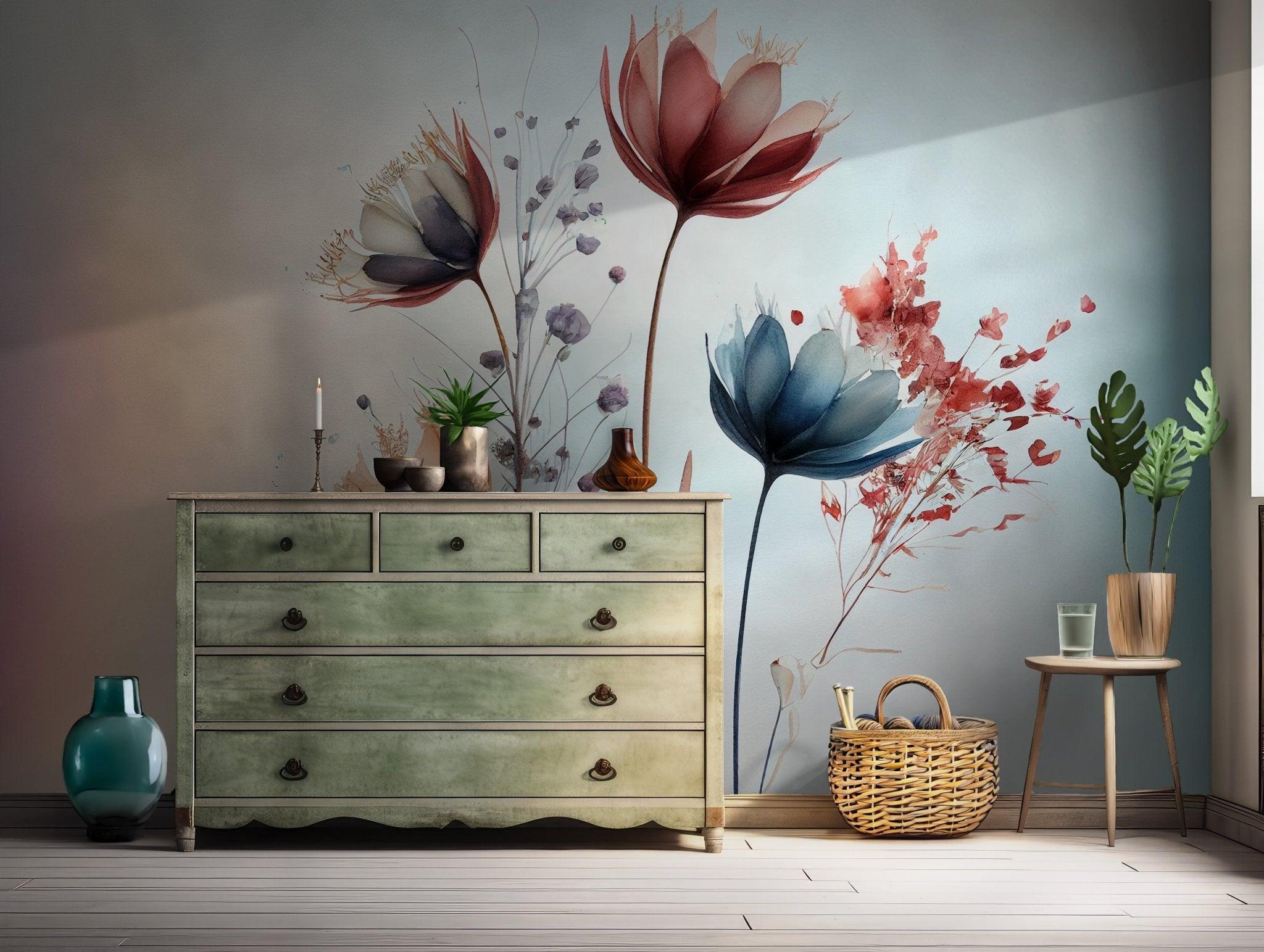 Watercolor Floral Wallpaper - Peel and Stick Wall Mural - Abstract Red Blue Flowers Petals Sprout Soft Pastel BV175