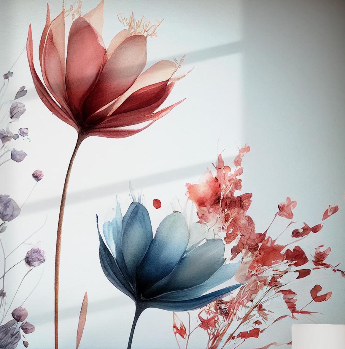 Watercolor Floral Wallpaper - Peel and Stick Wall Mural - Abstract Red Blue Flowers Petals Sprout Soft Pastel BV175