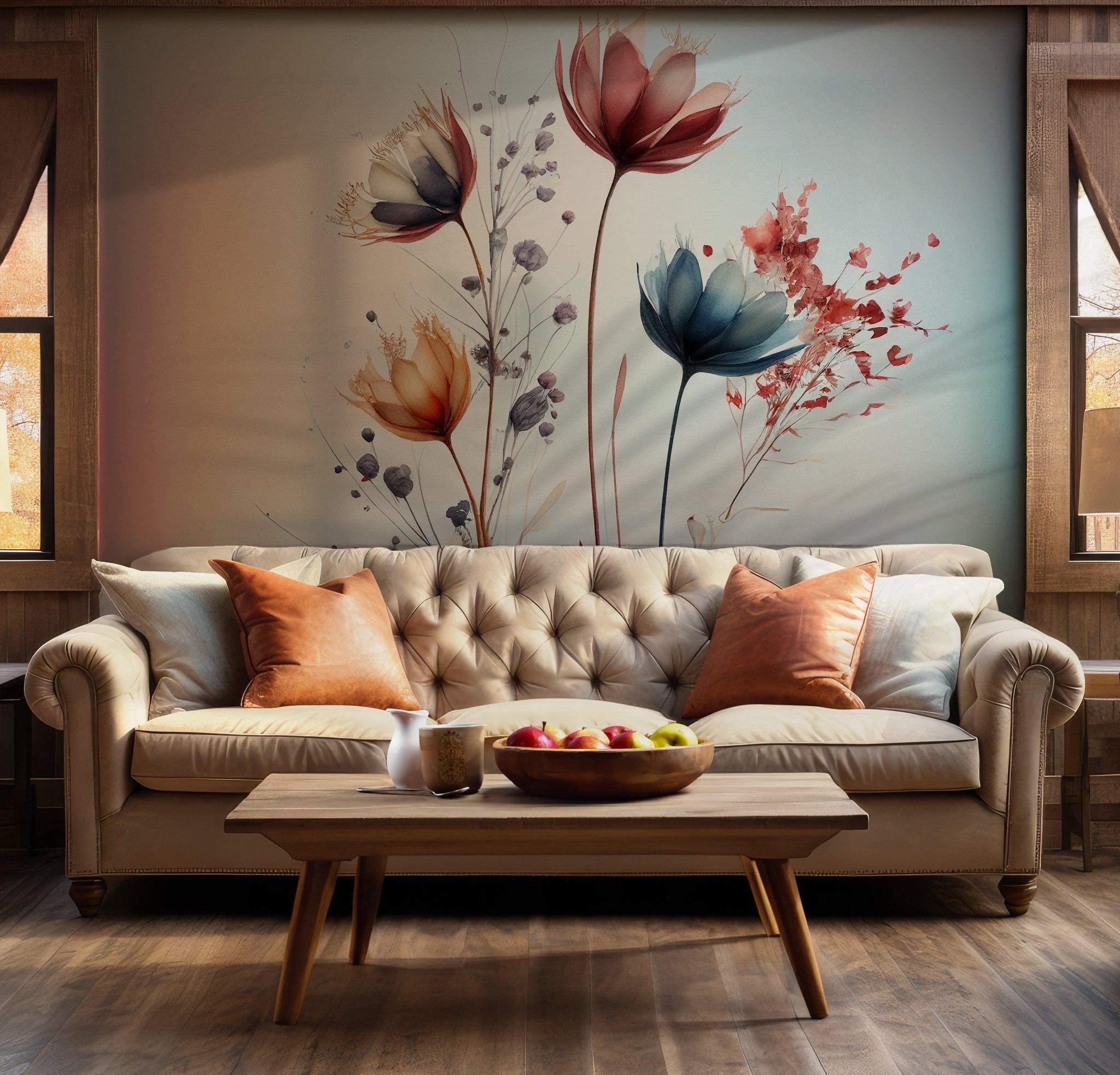 Watercolor Floral Wallpaper - Peel and Stick Wall Mural - Abstract Red Blue Flowers Petals Sprout Soft Pastel BV175