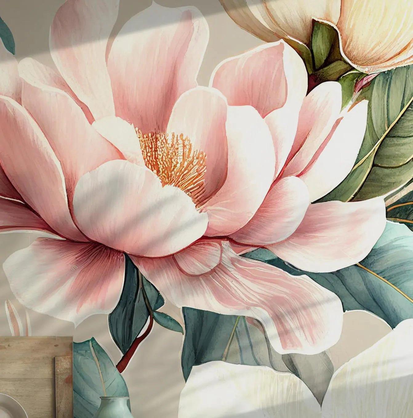 Watercolor Magnolia Peonies Pink Wall Mural - Elegant Wallpaper Self Adhesive Floral Decor BV163