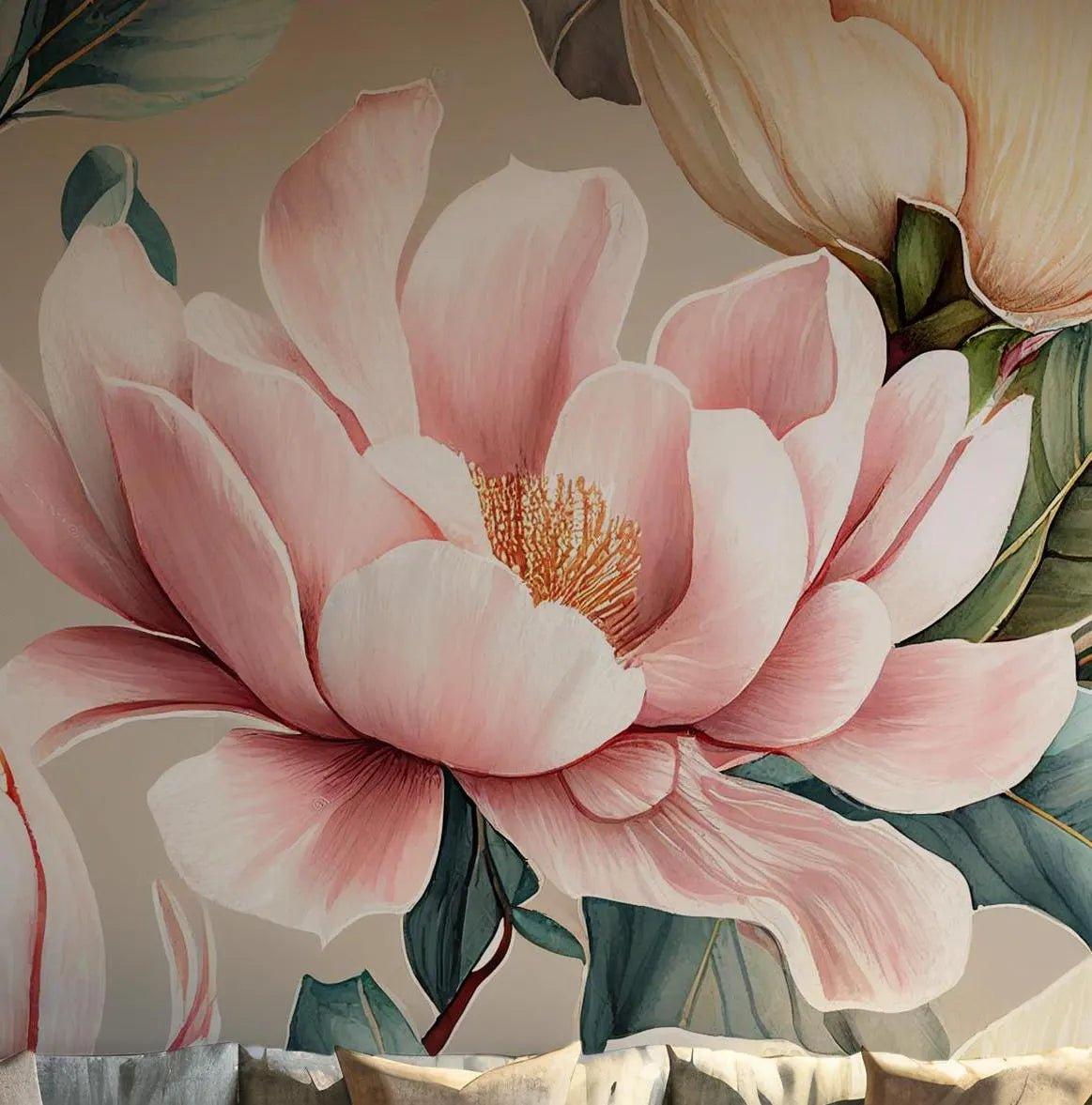Watercolor Magnolia Peonies Pink Wall Mural - Elegant Wallpaper Self Adhesive Floral Decor BV163