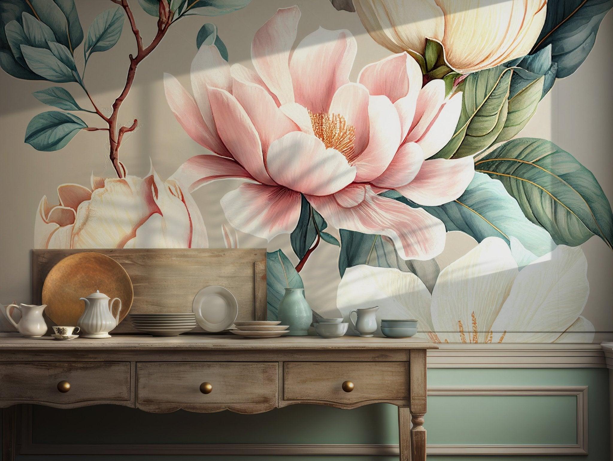Watercolor Magnolia Peonies Pink Wall Mural - Elegant Wallpaper Self Adhesive Floral Decor BV163